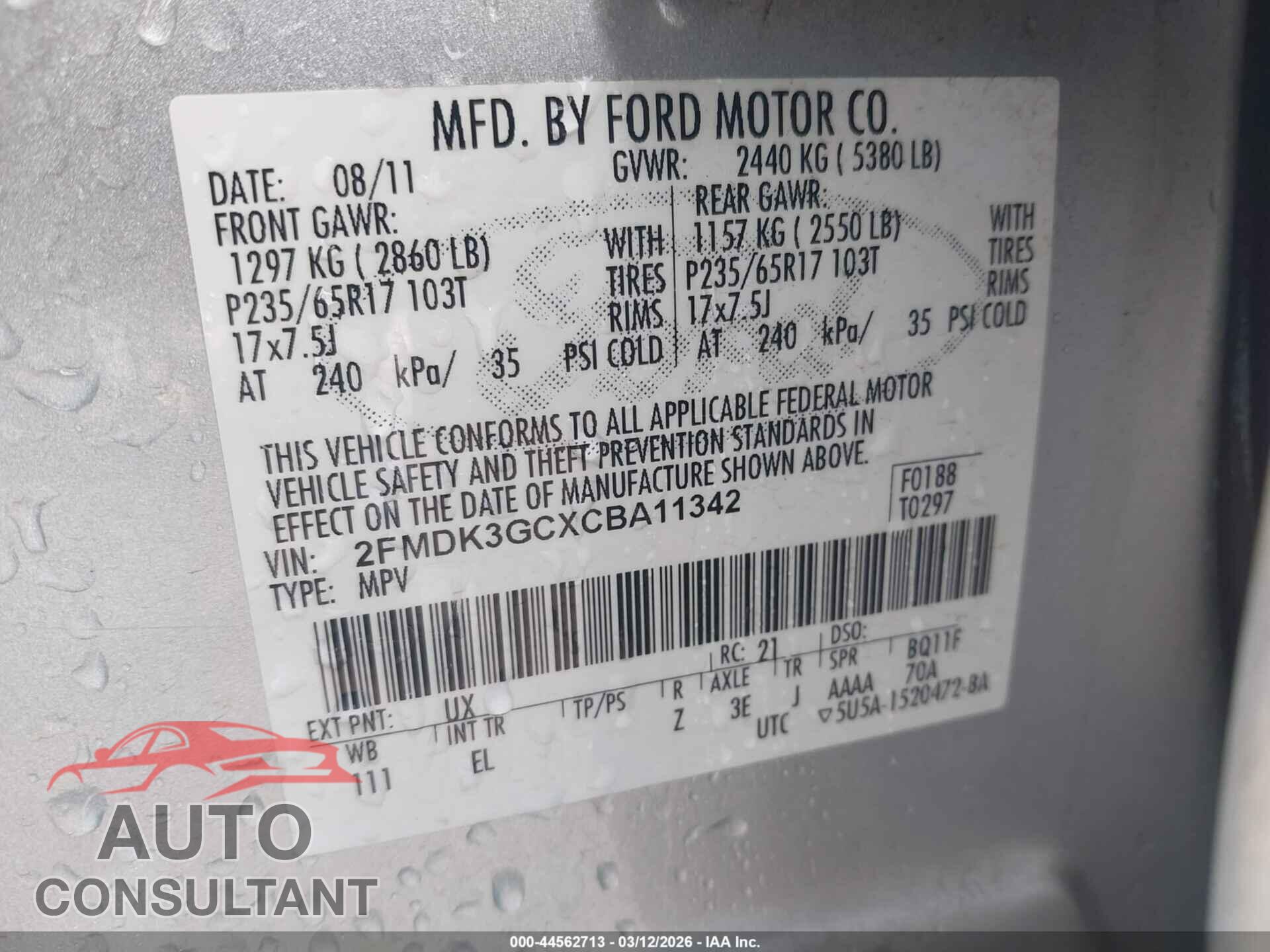 FORD EDGE 2012 - 2FMDK3GCXCBA11342