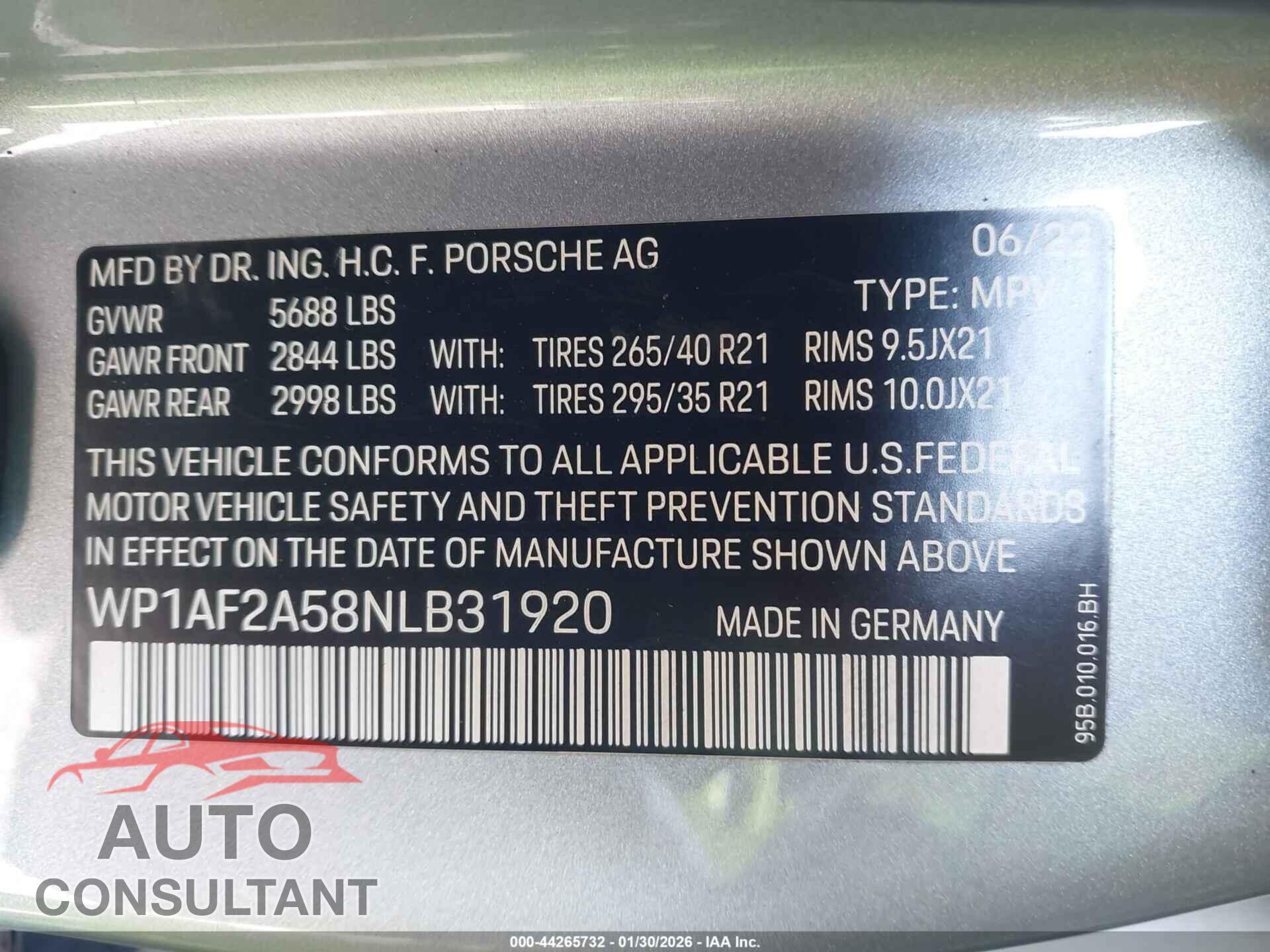 PORSCHE MACAN 2022 - WP1AF2A58NLB31920