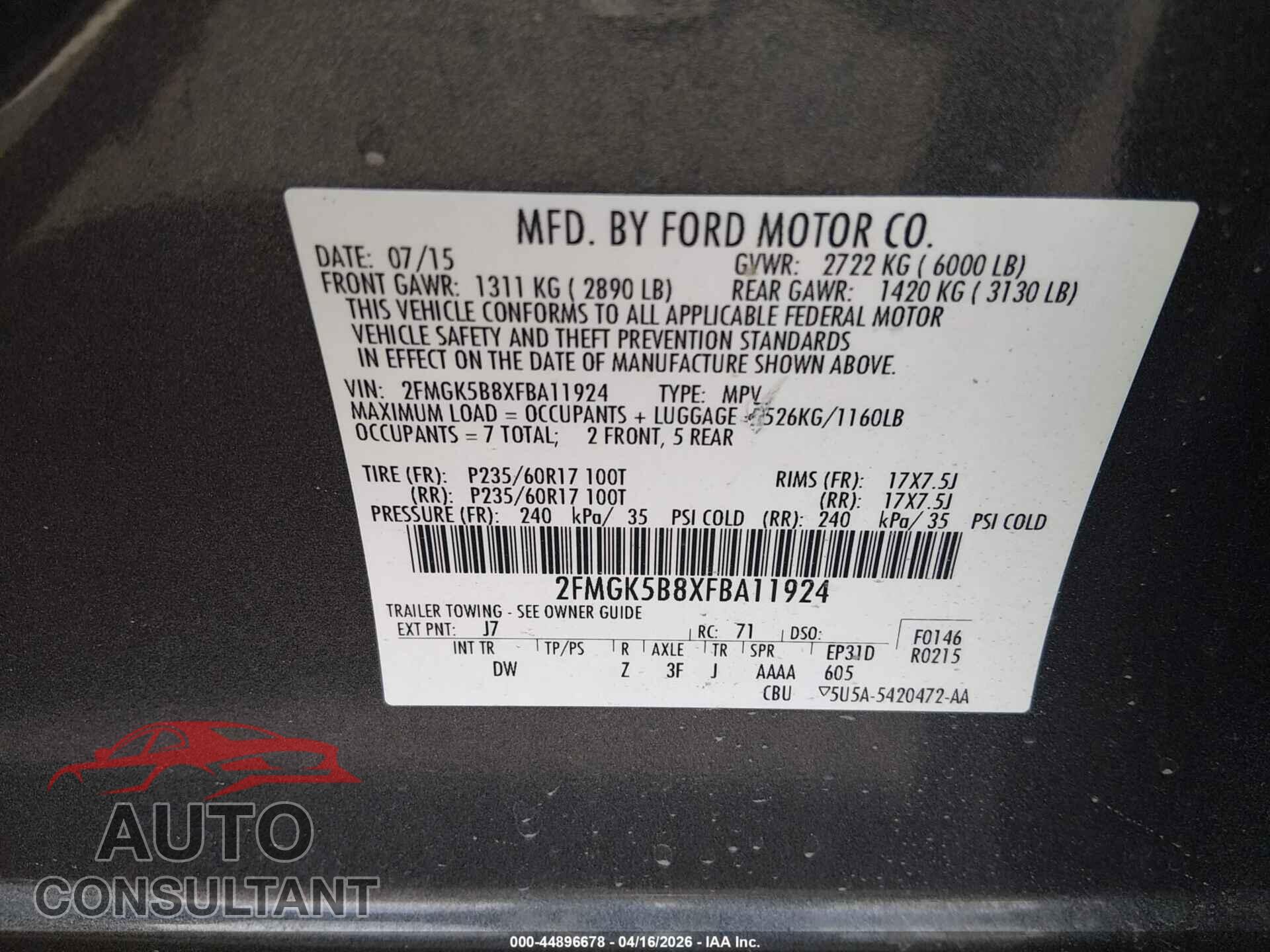 FORD FLEX 2015 - 2FMGK5B8XFBA11924