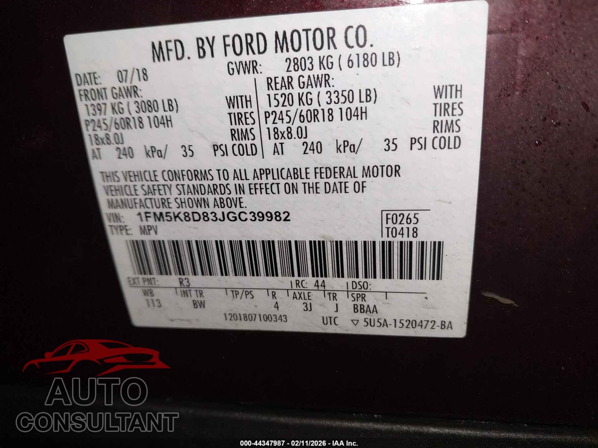 FORD EXPLORER 2018 - 1FM5K8D83JGC39982