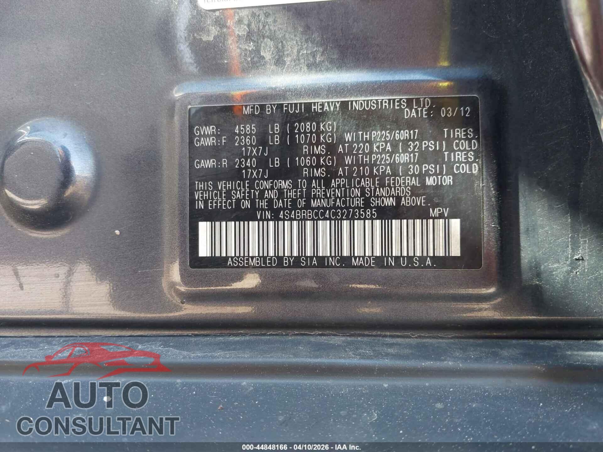 SUBARU OUTBACK 2012 - 4S4BRBCC4C3273585