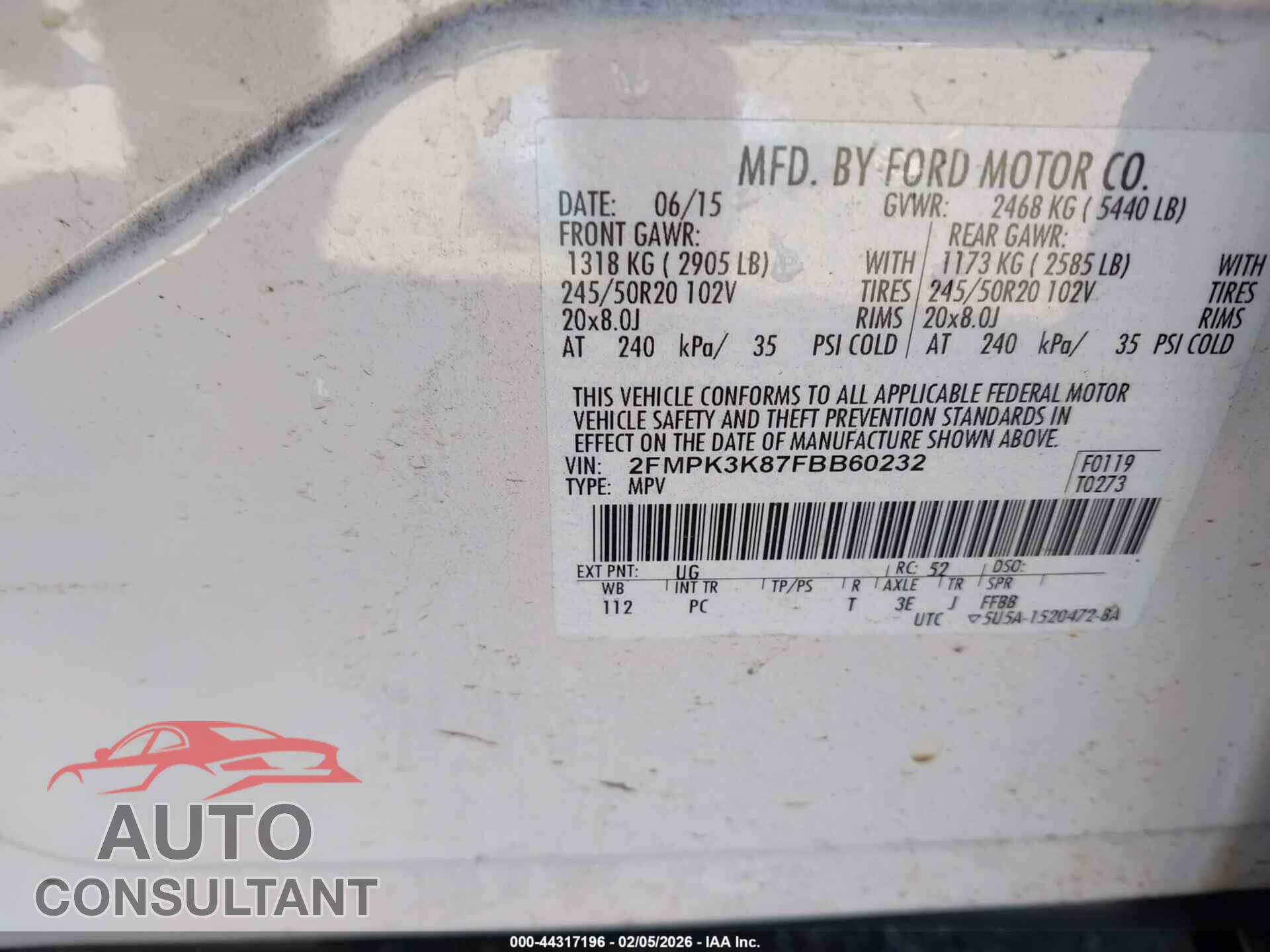 FORD EDGE 2015 - 2FMPK3K87FBB60232