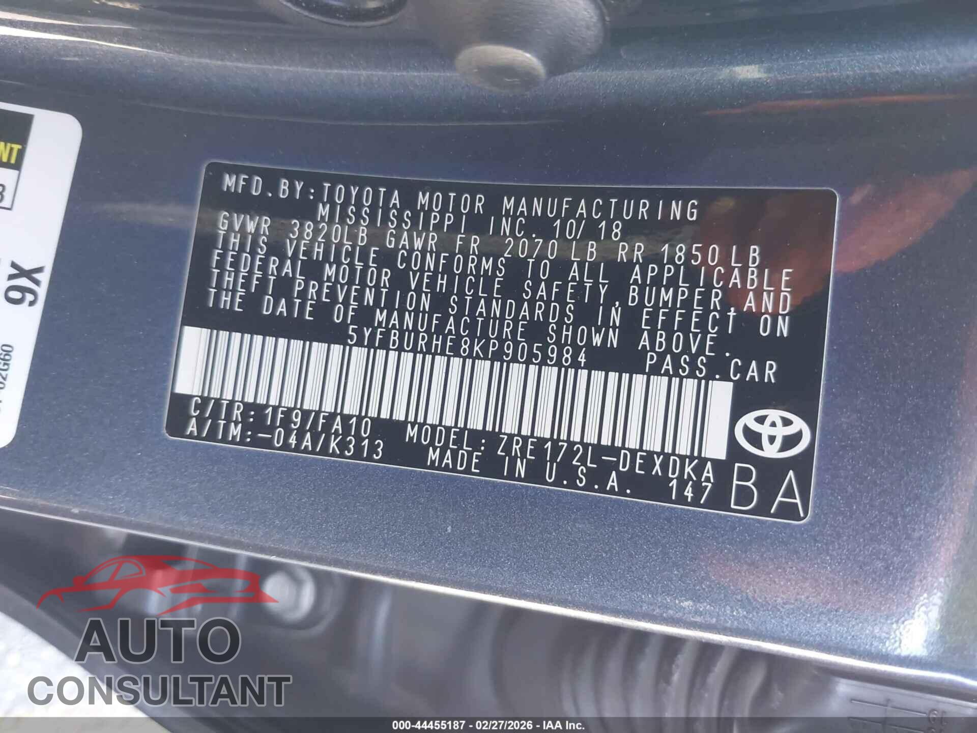TOYOTA COROLLA 2019 - 5YFBURHE8KP905984
