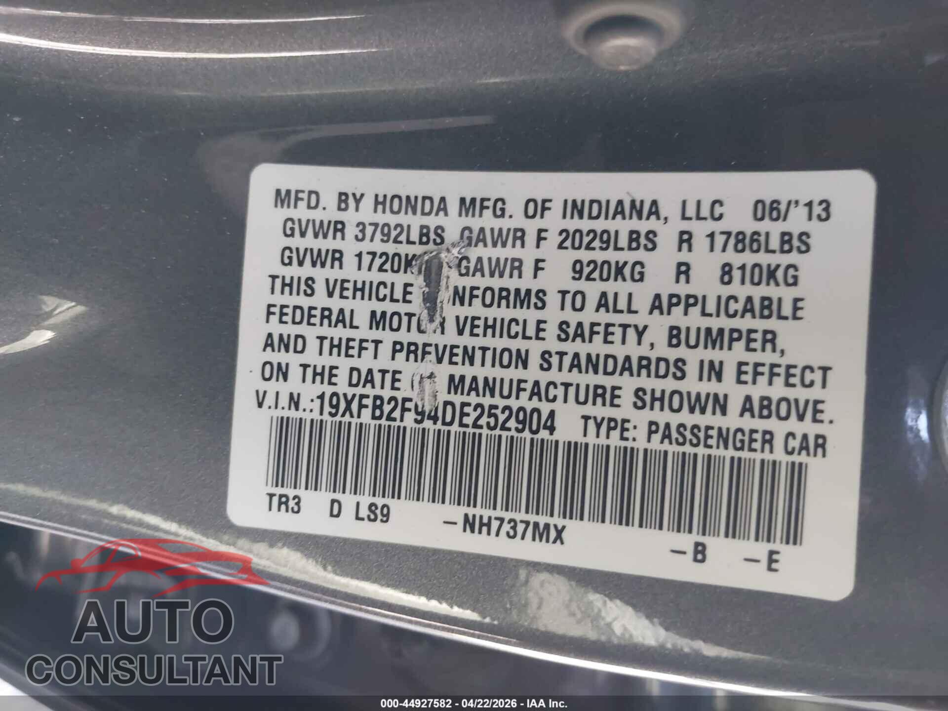 HONDA CIVIC 2013 - 19XFB2F94DE252904