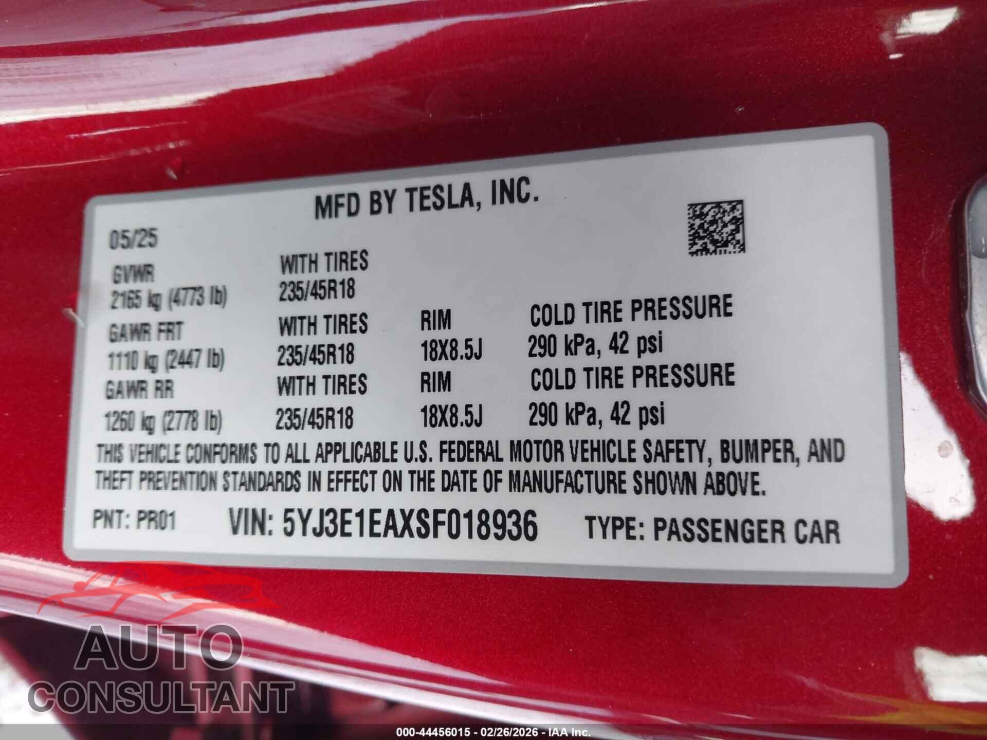 TESLA MODEL 3 2025 - 5YJ3E1EAXSF018936