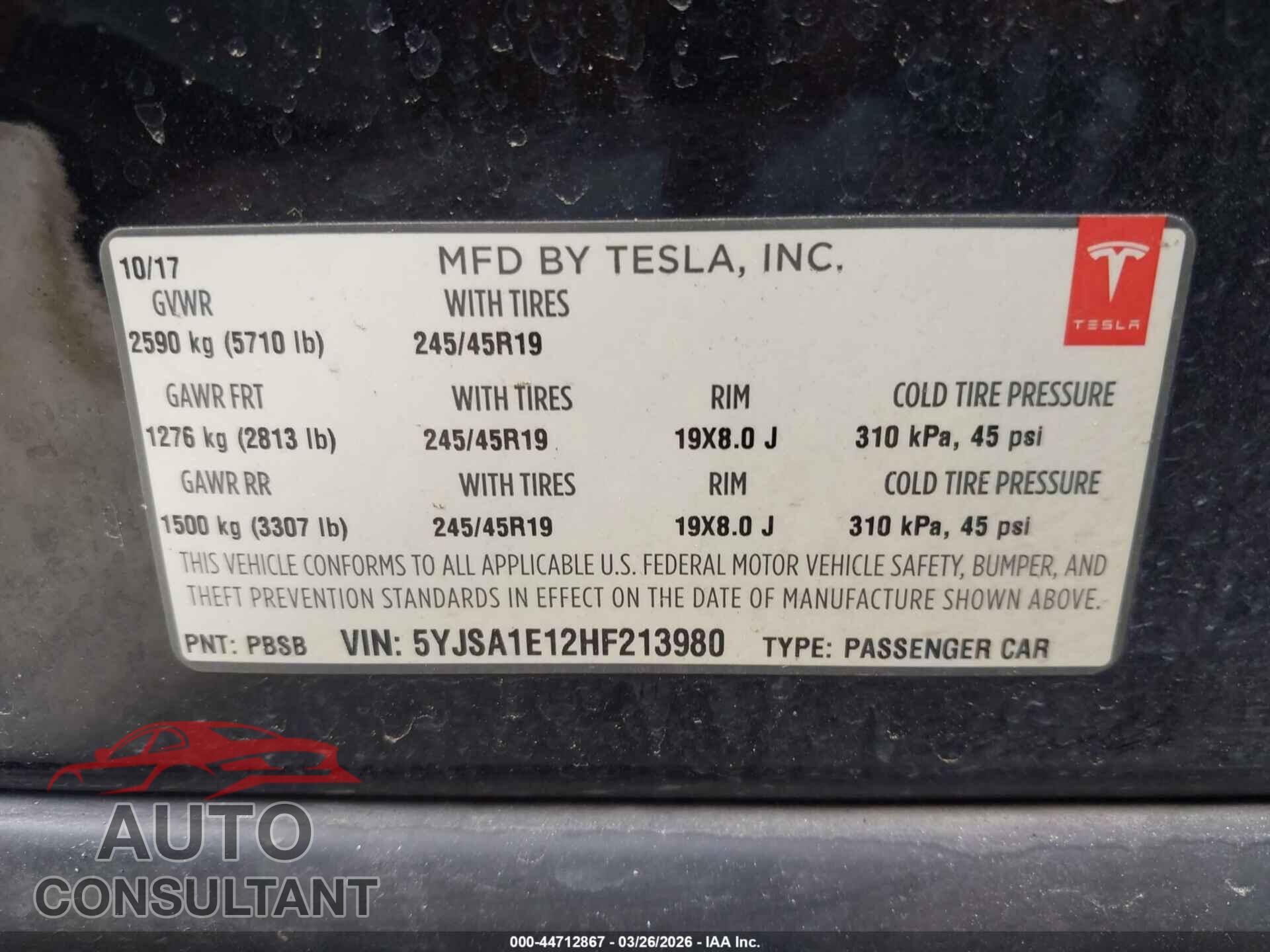 TESLA MODEL S 2017 - 5YJSA1E12HF213980