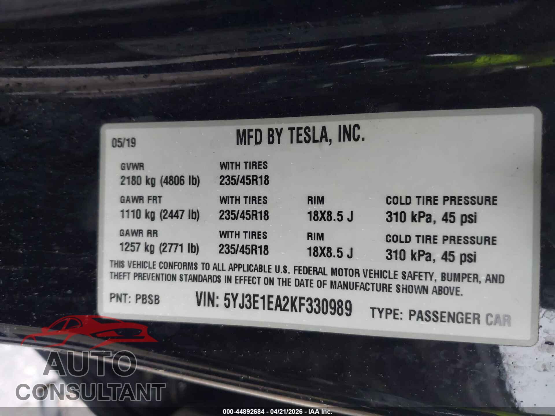 TESLA MODEL 3 2019 - 5YJ3E1EA2KF330989