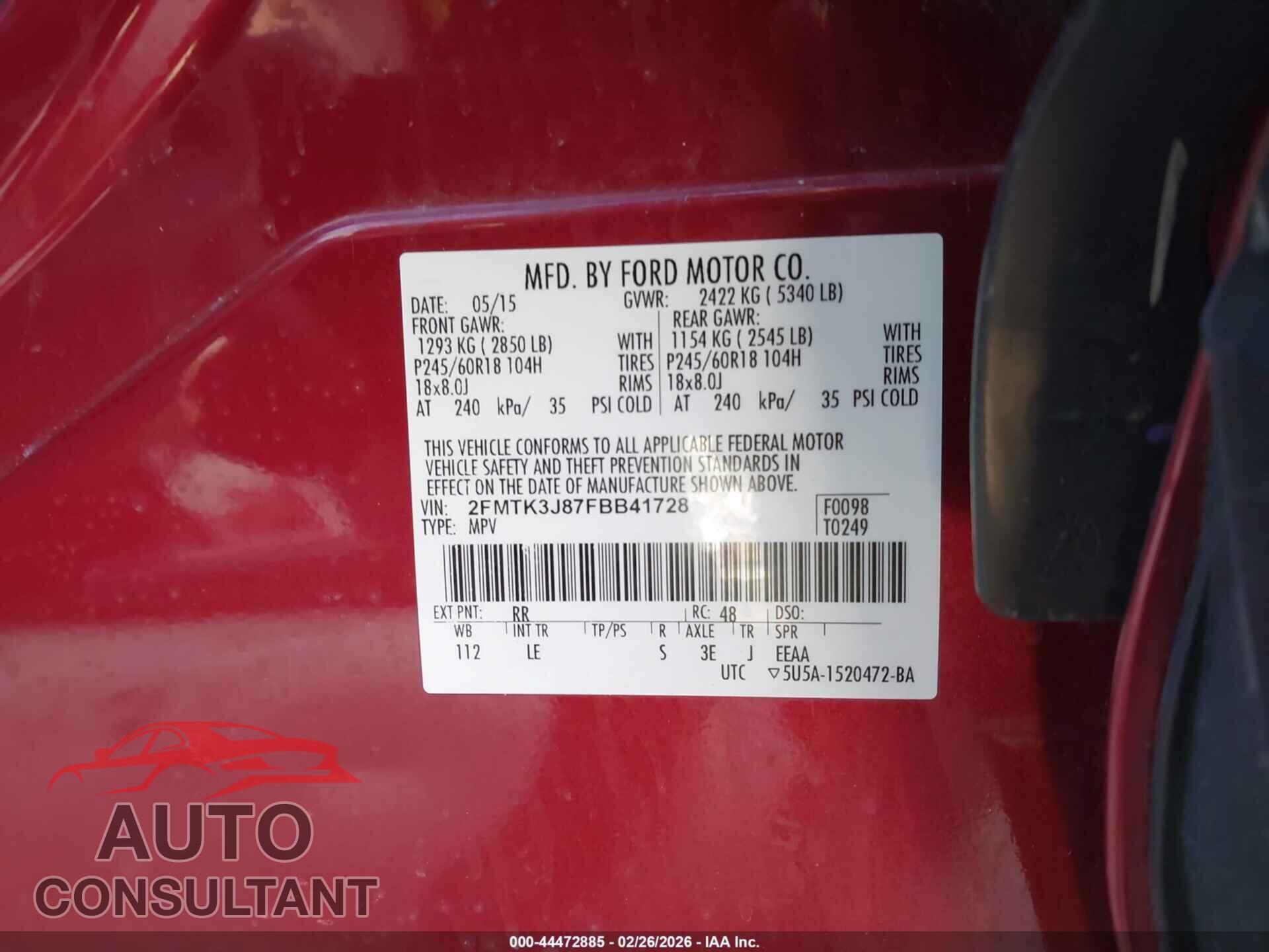 FORD EDGE 2015 - 2FMTK3J87FBB41728