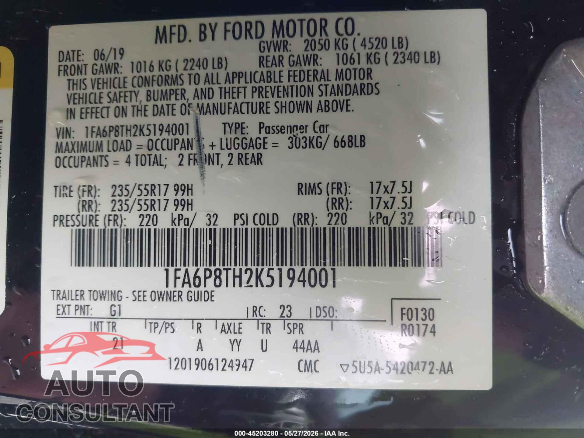 FORD MUSTANG 2019 - 1FA6P8TH2K5194001