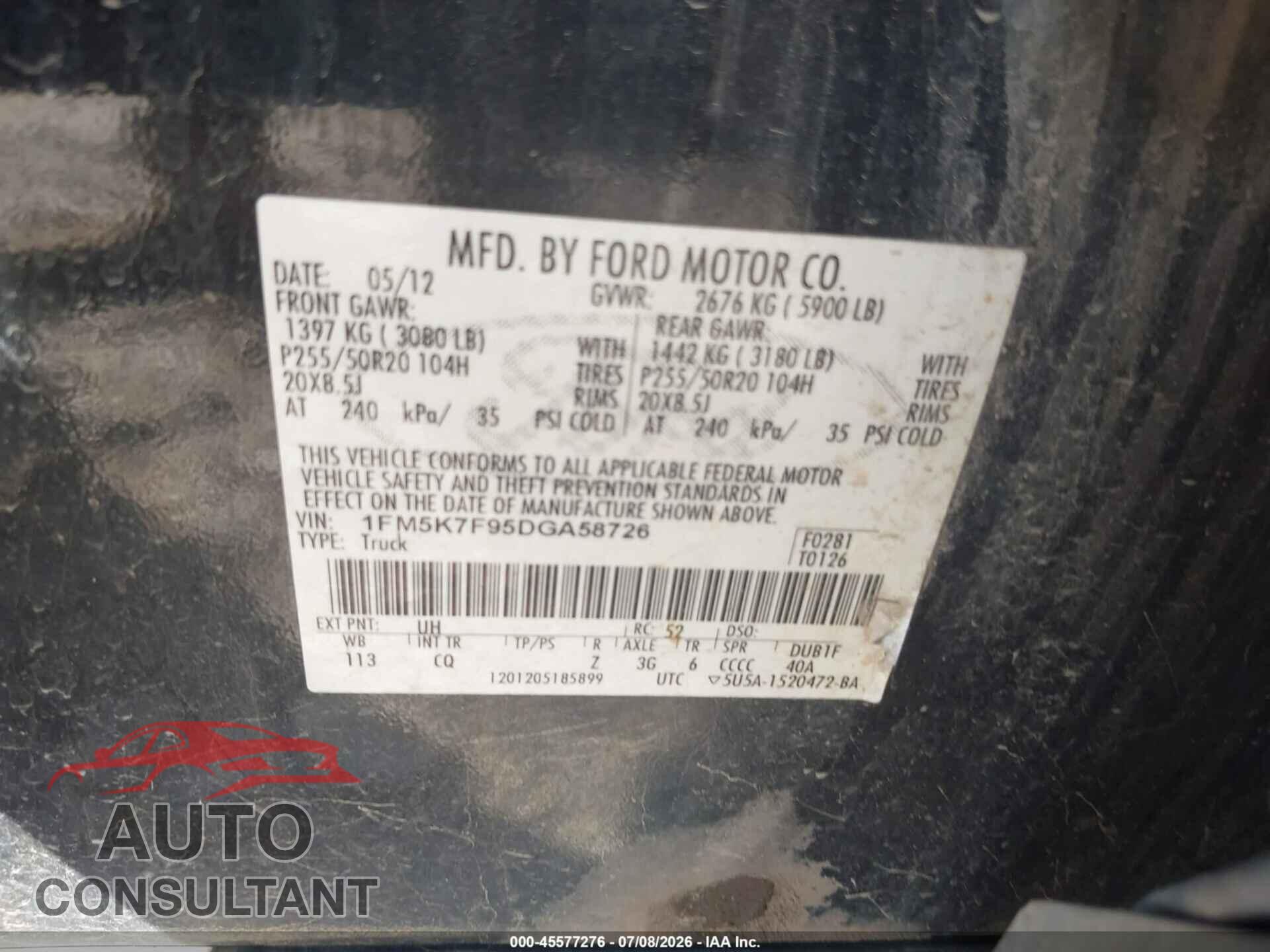 FORD EXPLORER 2013 - 1FM5K7F95DGA58726