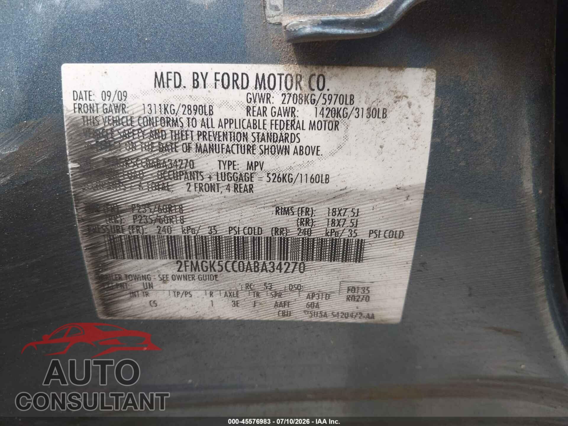 FORD FLEX 2010 - 2FMGK5CC0ABA34270