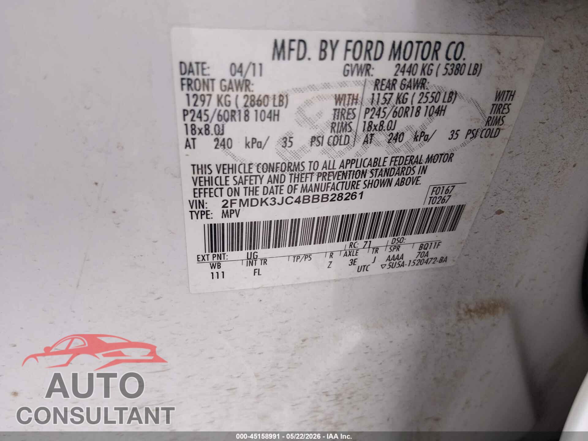 FORD EDGE 2011 - 2FMDK3JC4BBB28261