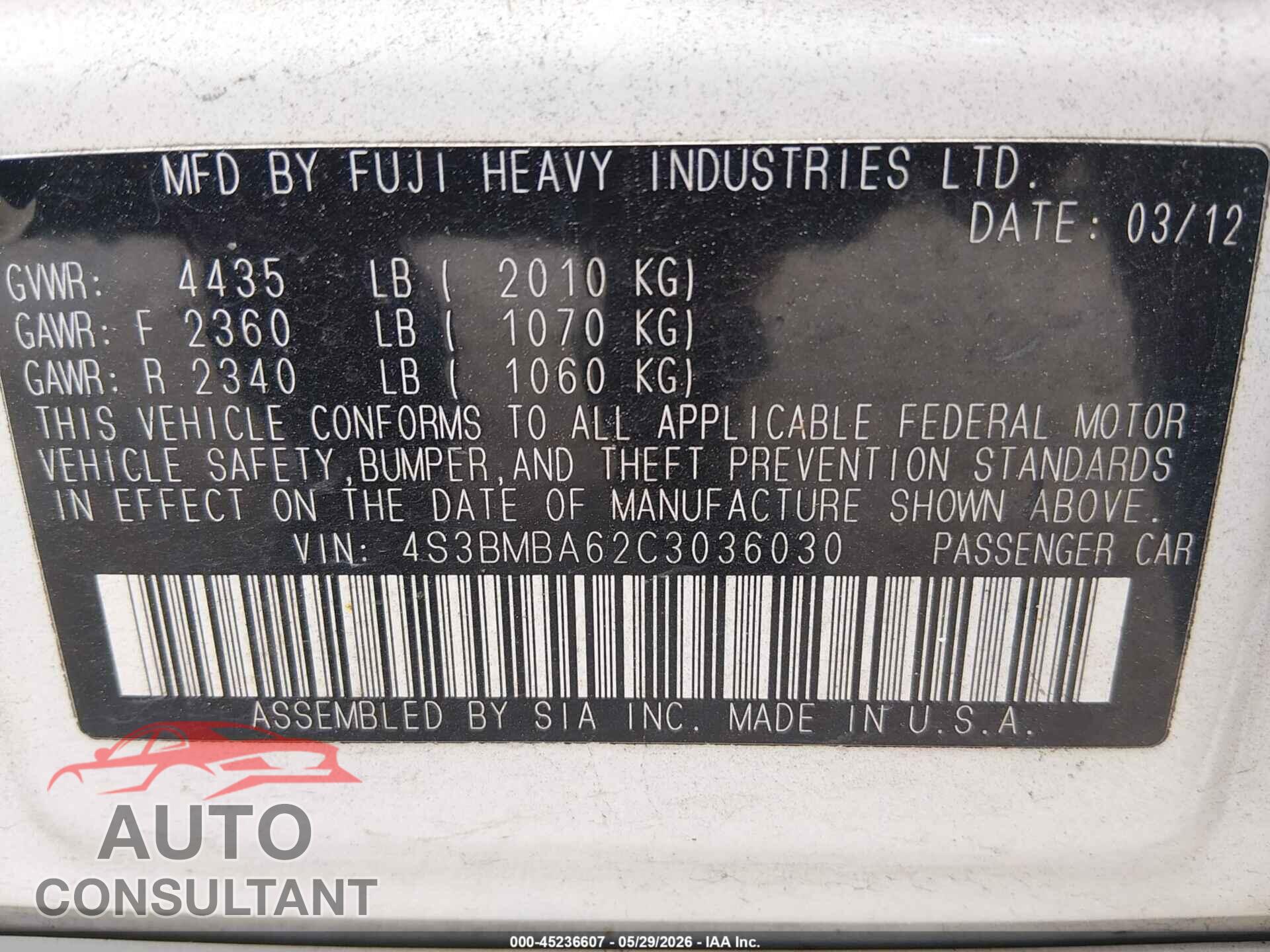 SUBARU LEGACY 2012 - 4S3BMBA62C3036030