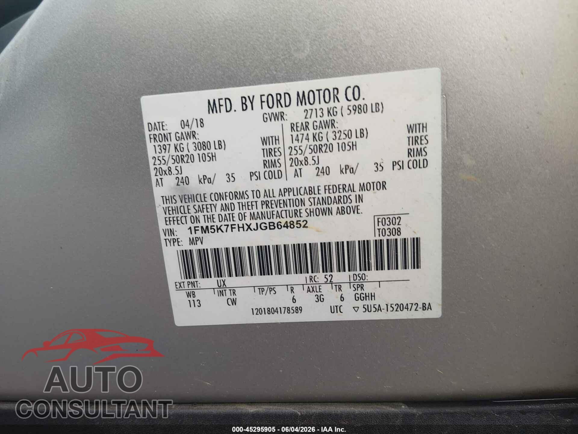 FORD EXPLORER 2018 - 1FM5K7FHXJGB64852