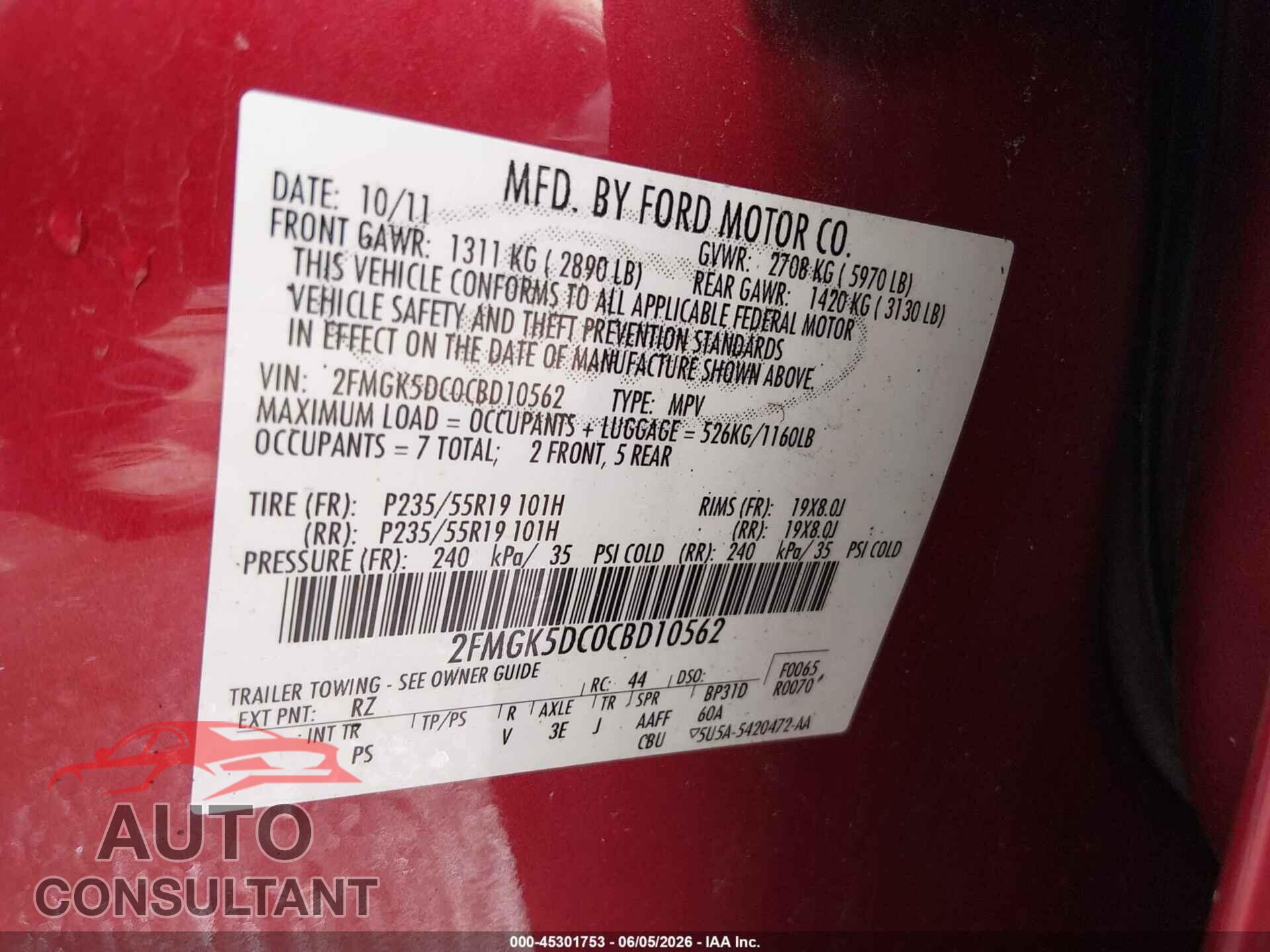 FORD FLEX 2012 - 2FMGK5DC0CBD10562