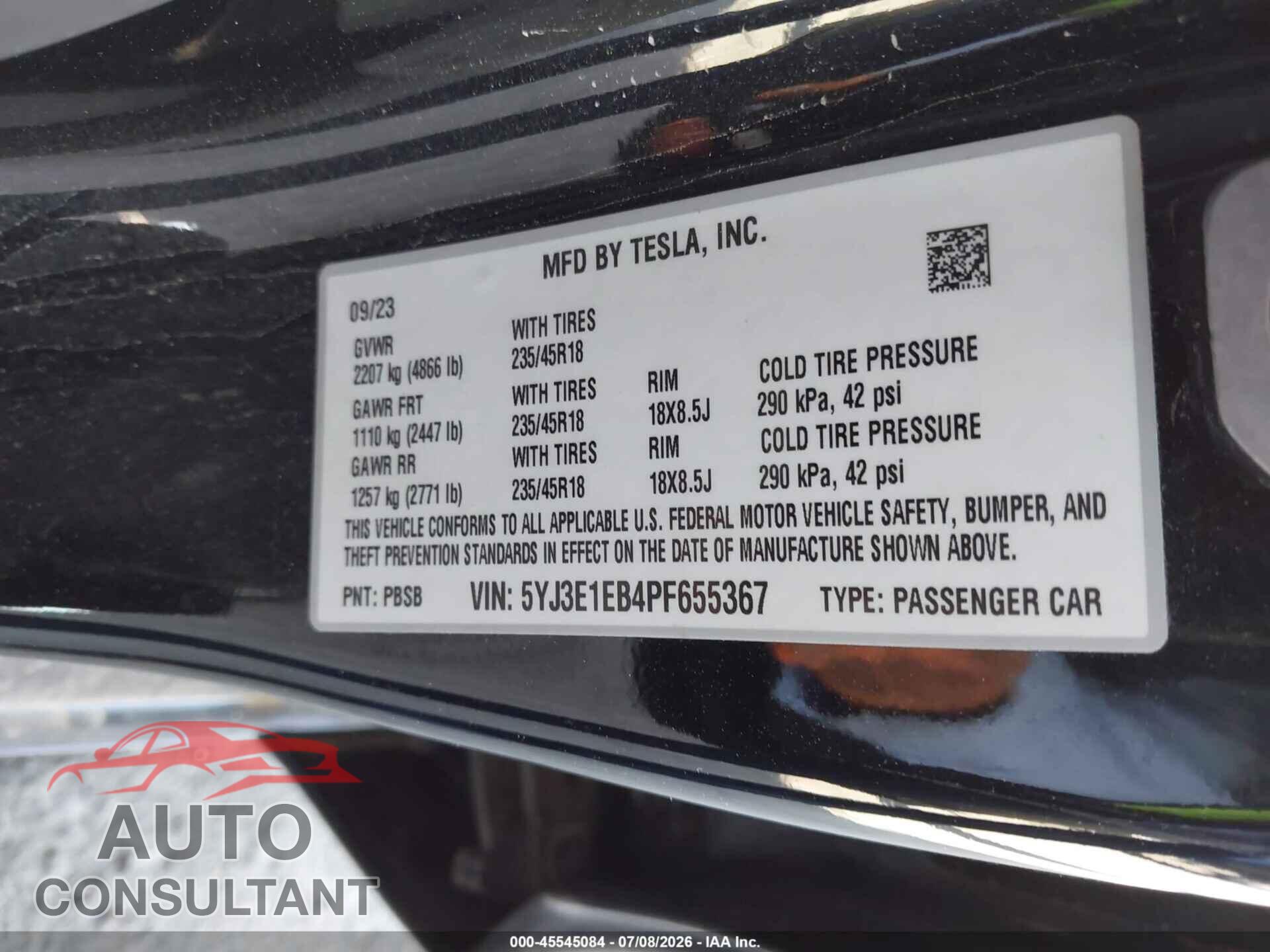 TESLA MODEL 3 2023 - 5YJ3E1EB4PF655367