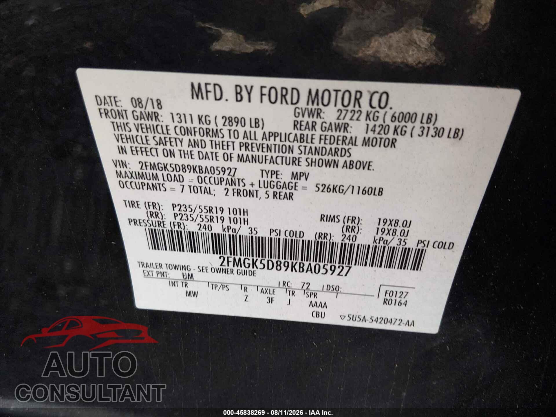 FORD FLEX 2019 - 2FMGK5D89KBA05927