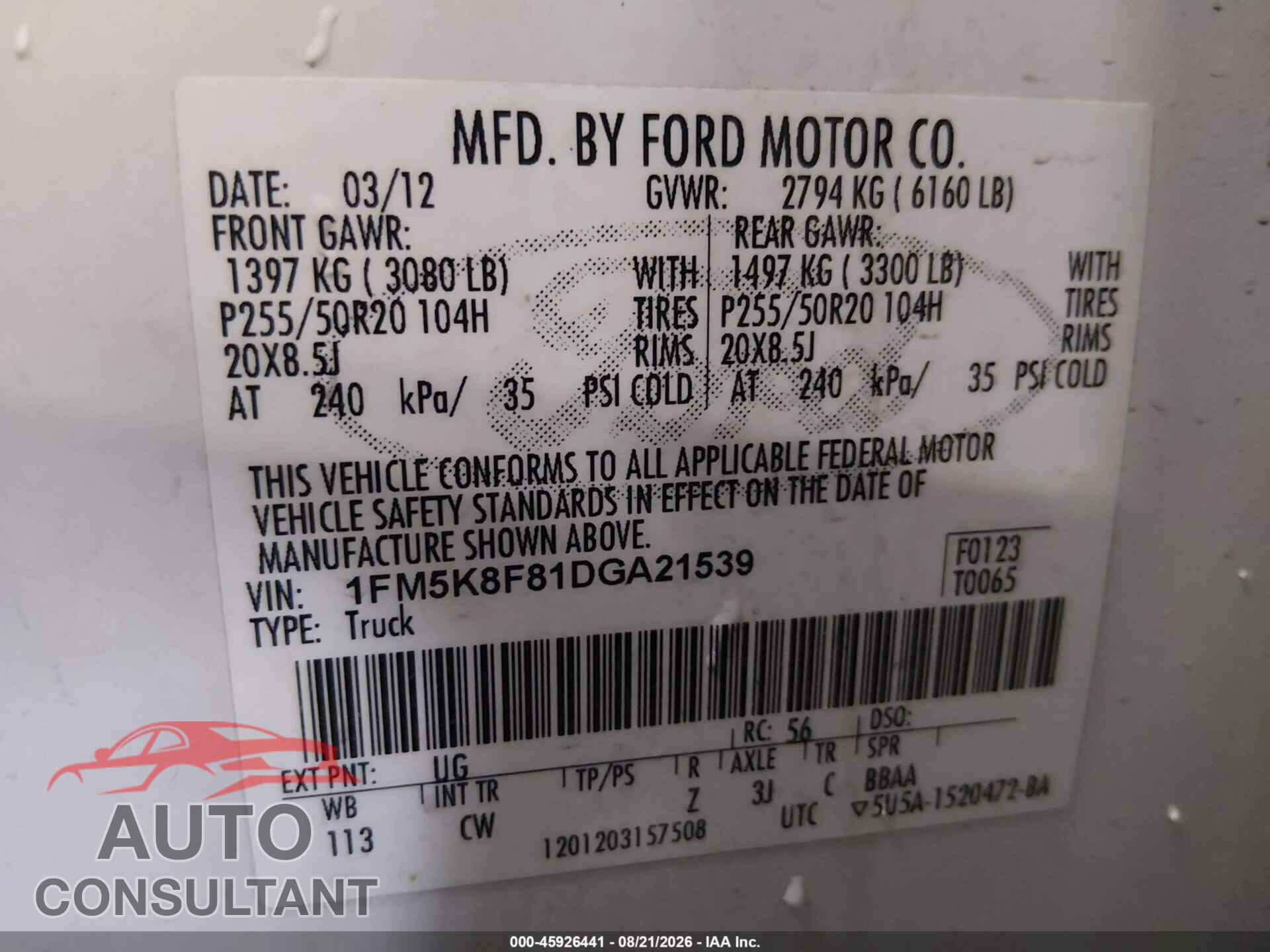 FORD EXPLORER 2013 - 1FM5K8F81DGA21539