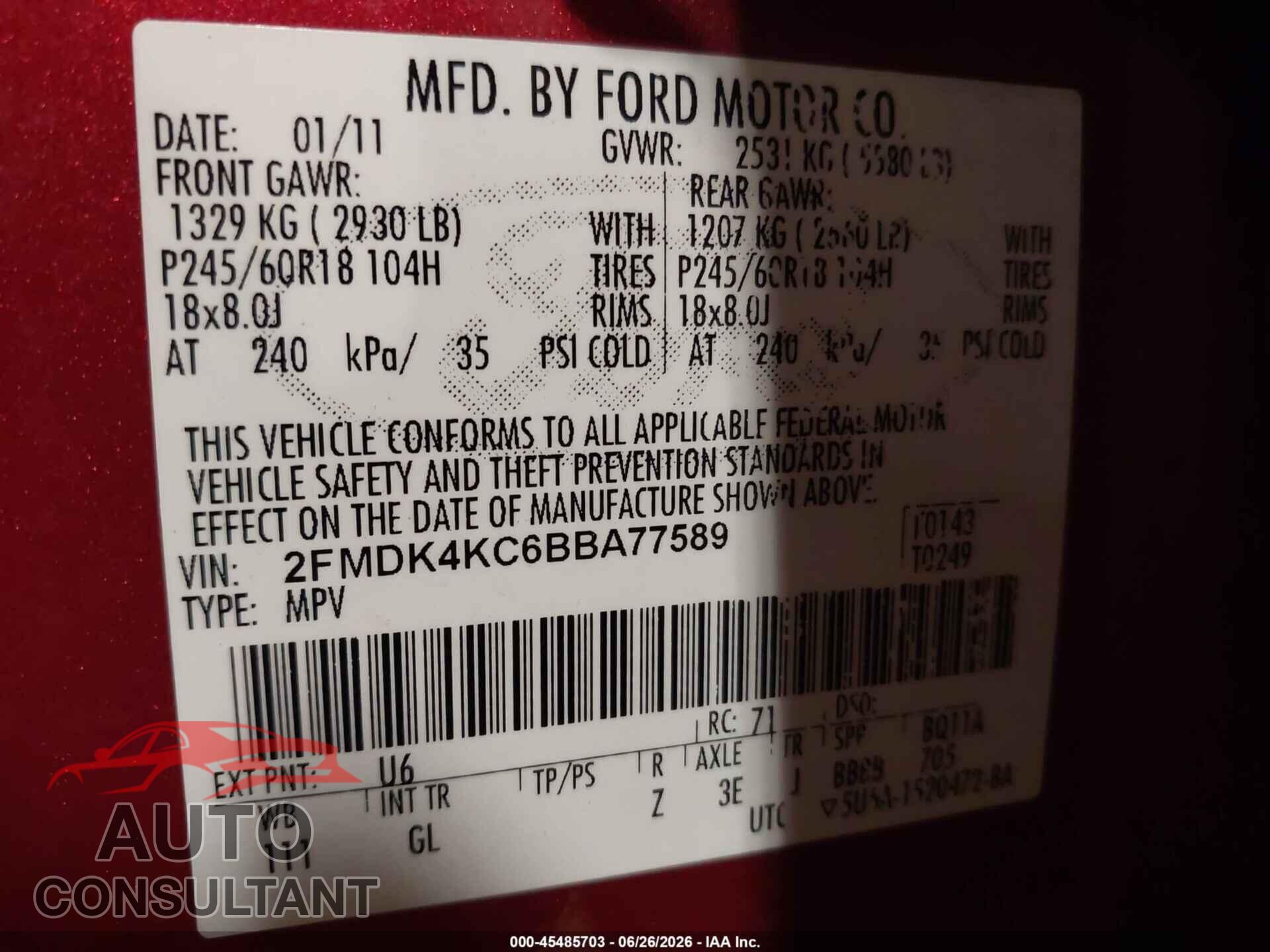 FORD EDGE 2011 - 2FMDK4KC6BBA77589