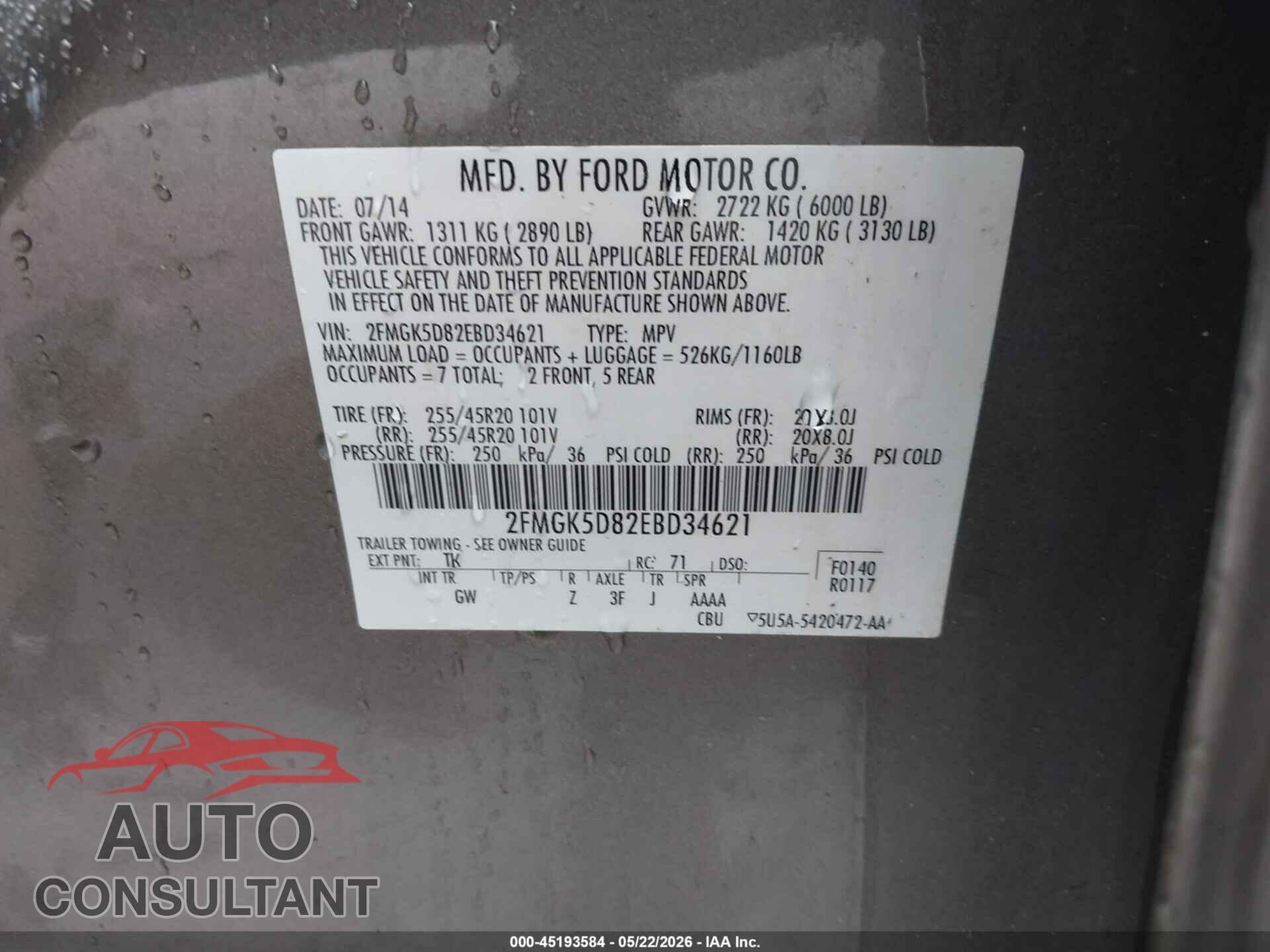 FORD FLEX 2014 - 2FMGK5D82EBD34621