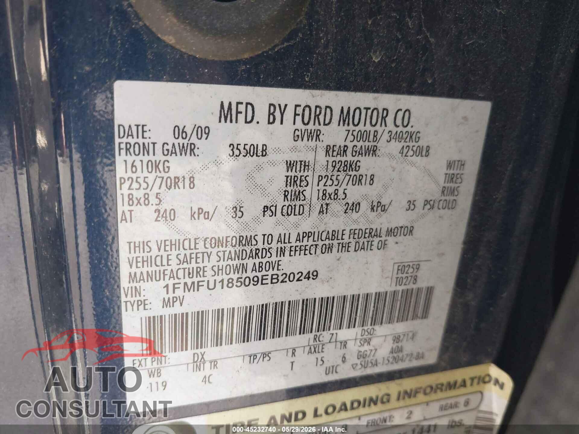 FORD EXPEDITION 2009 - 1FMFU18509EB20249