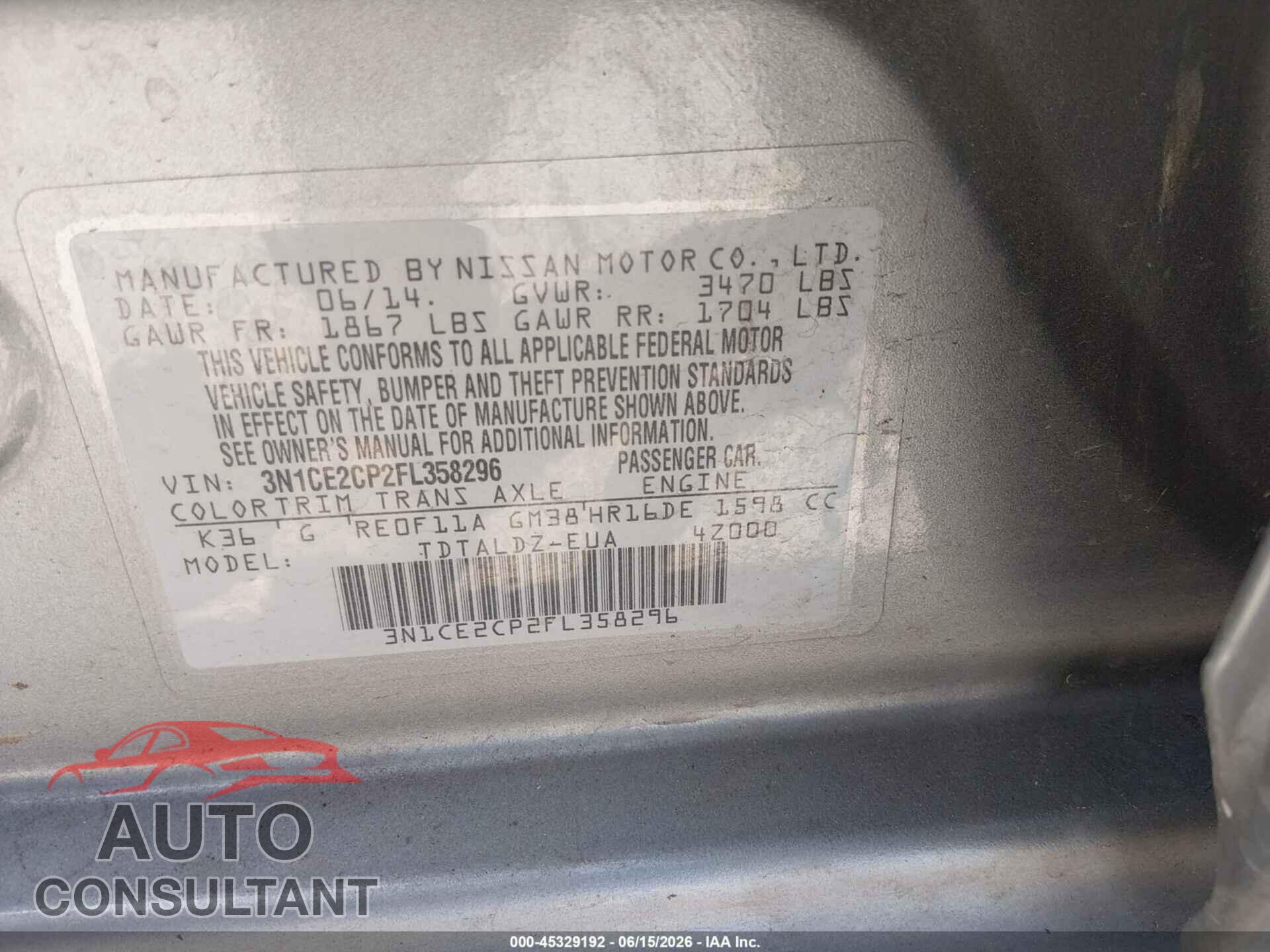 NISSAN VERSA NOTE 2015 - 3N1CE2CP2FL358296