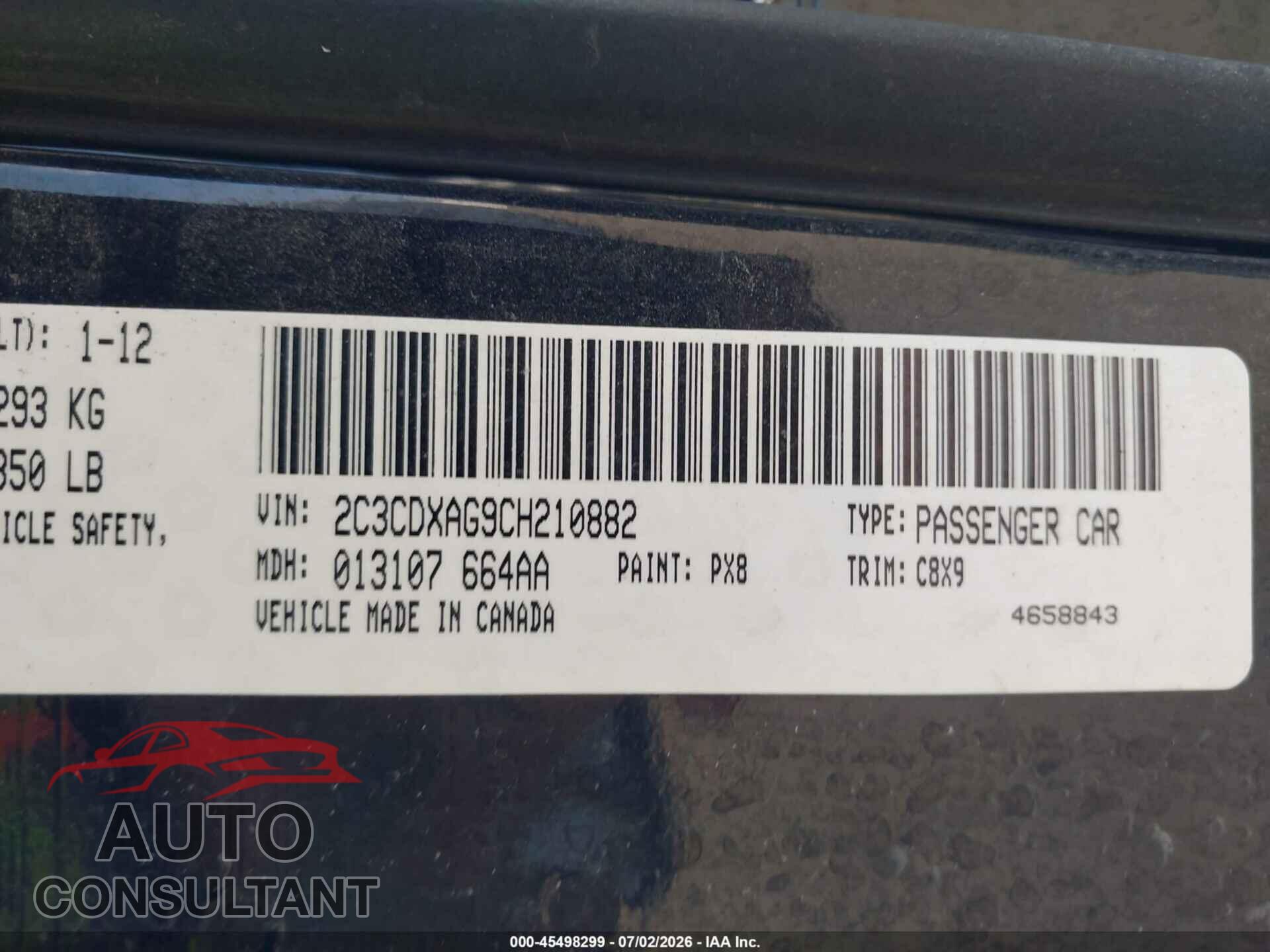 DODGE CHARGER 2012 - 2C3CDXAG9CH210882