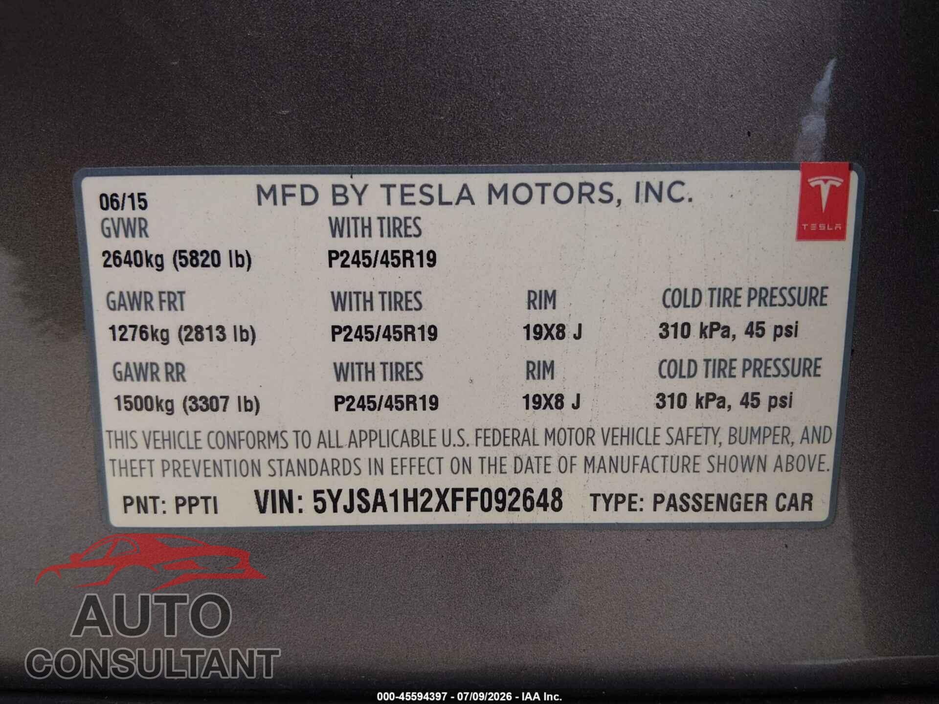 TESLA MODEL S 2015 - 5YJSA1H2XFF092648