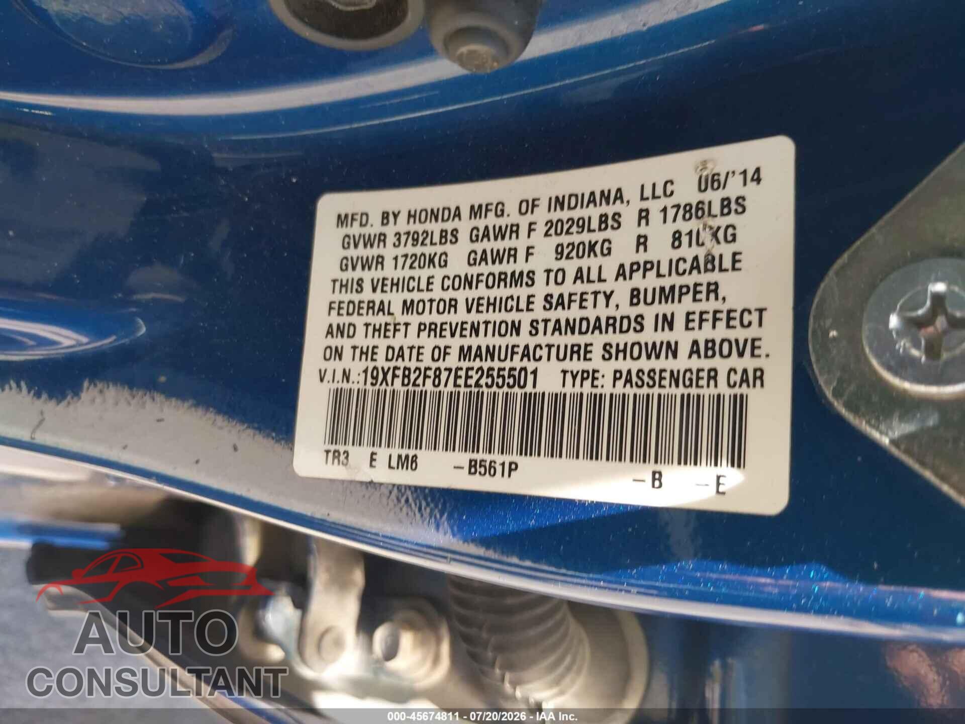 HONDA CIVIC 2014 - 19XFB2F87EE255501