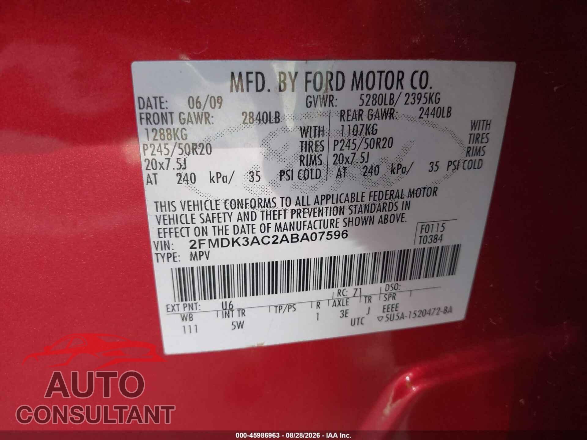 FORD EDGE 2010 - 2FMDK3AC2ABA07596