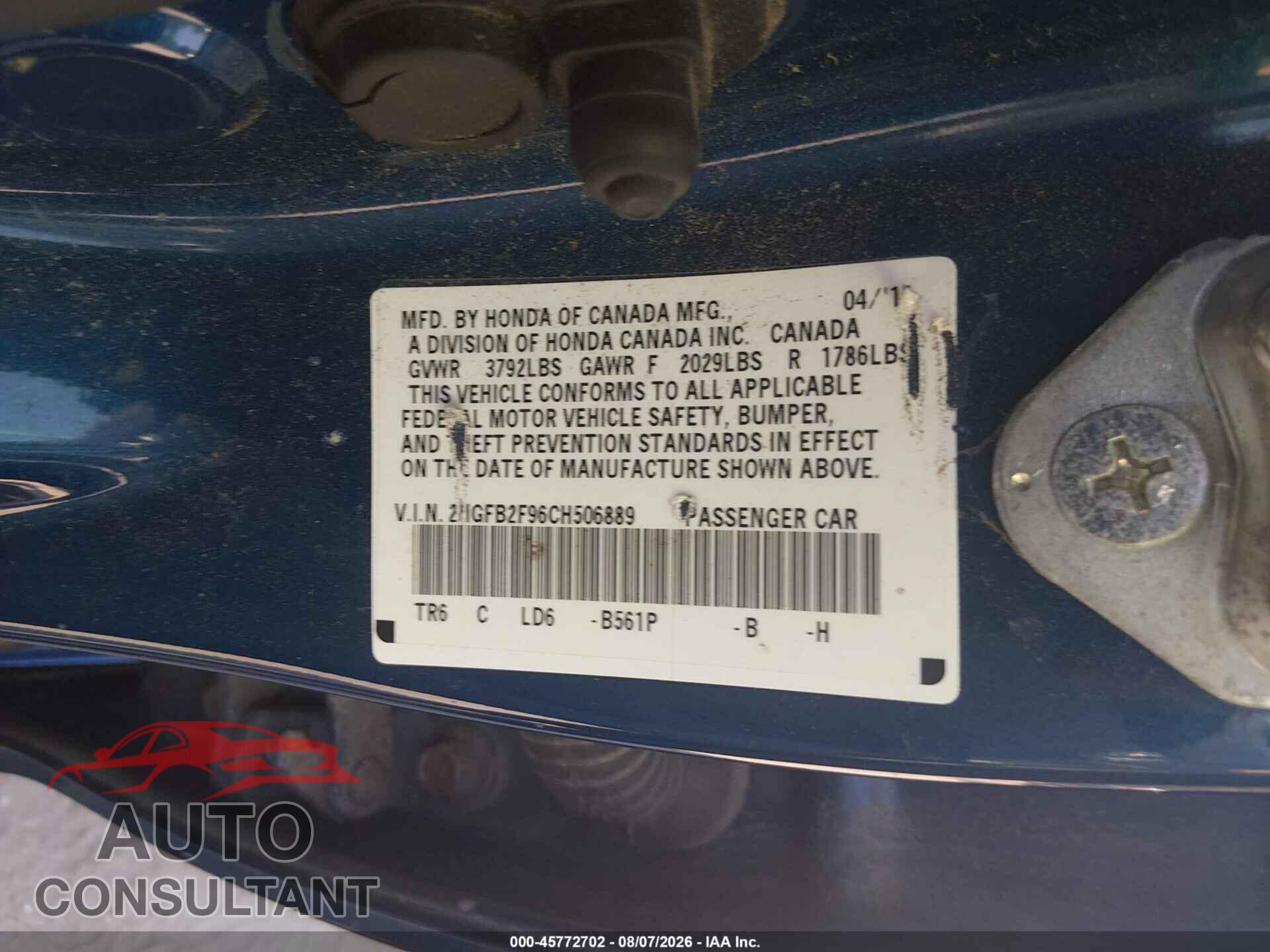 HONDA CIVIC 2012 - 2HGFB2F96CH506889
