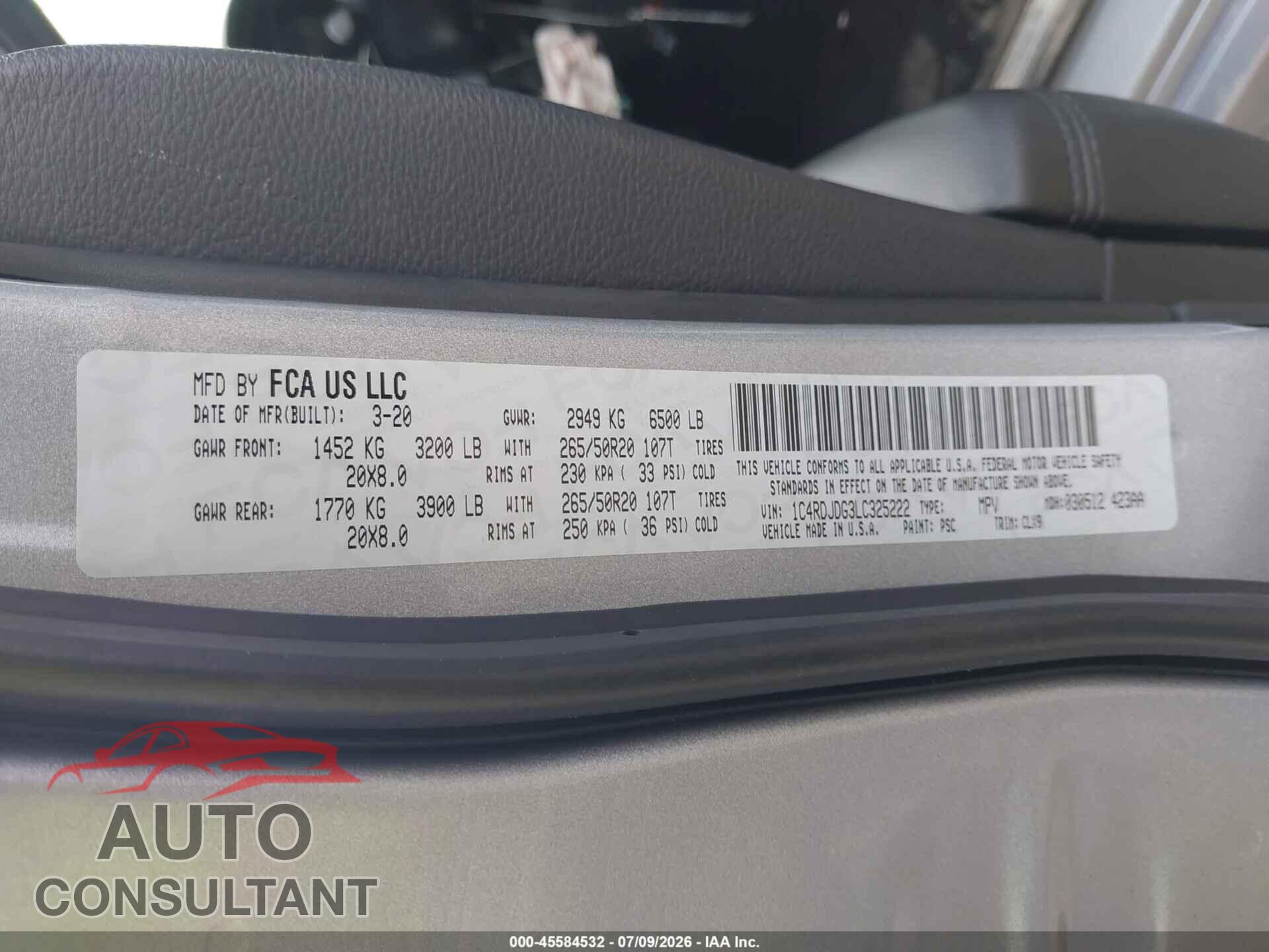 DODGE DURANGO 2020 - 1C4RDJDG3LC325222