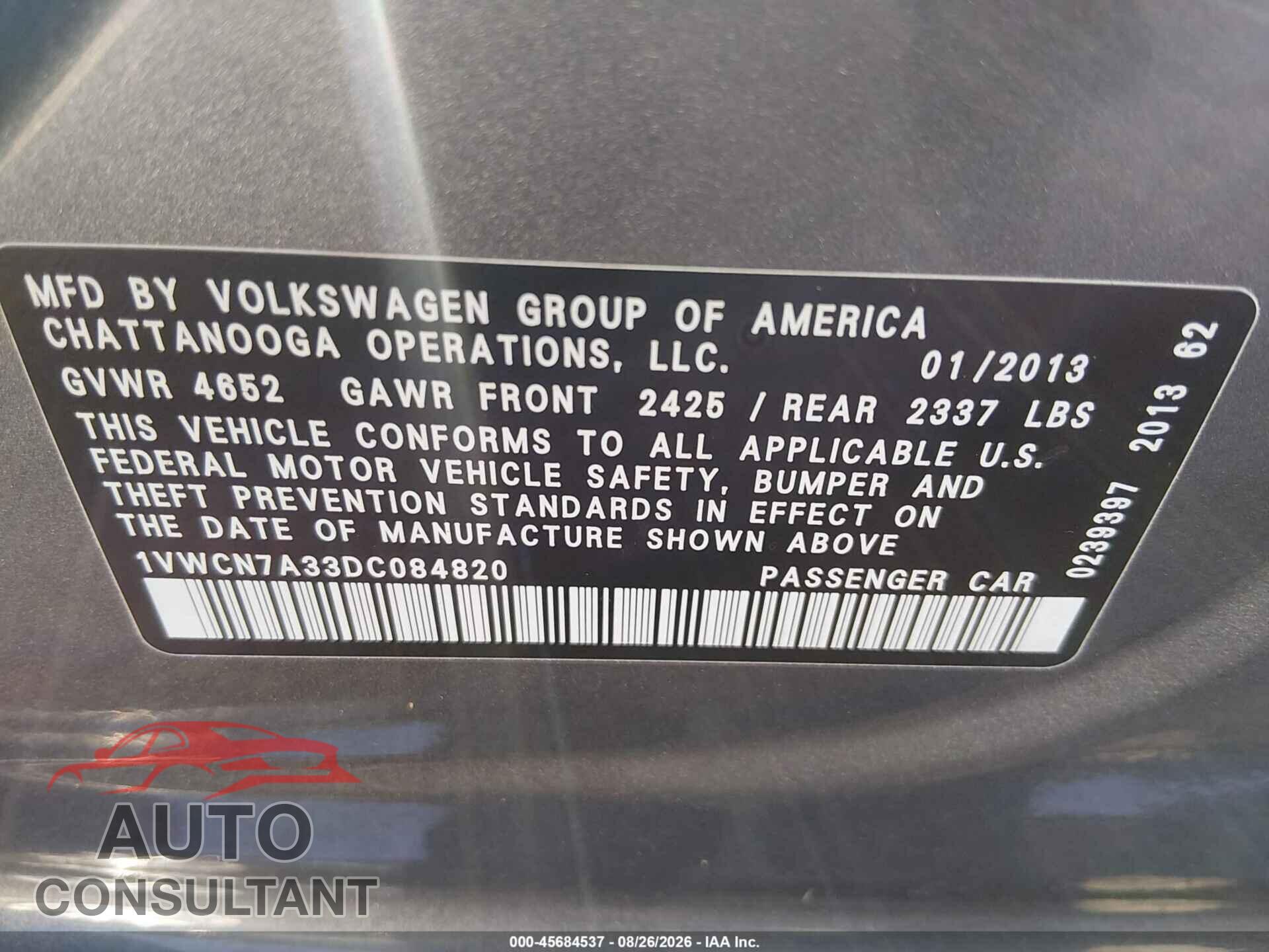 VOLKSWAGEN PASSAT 2013 - 1VWCN7A33DC084820