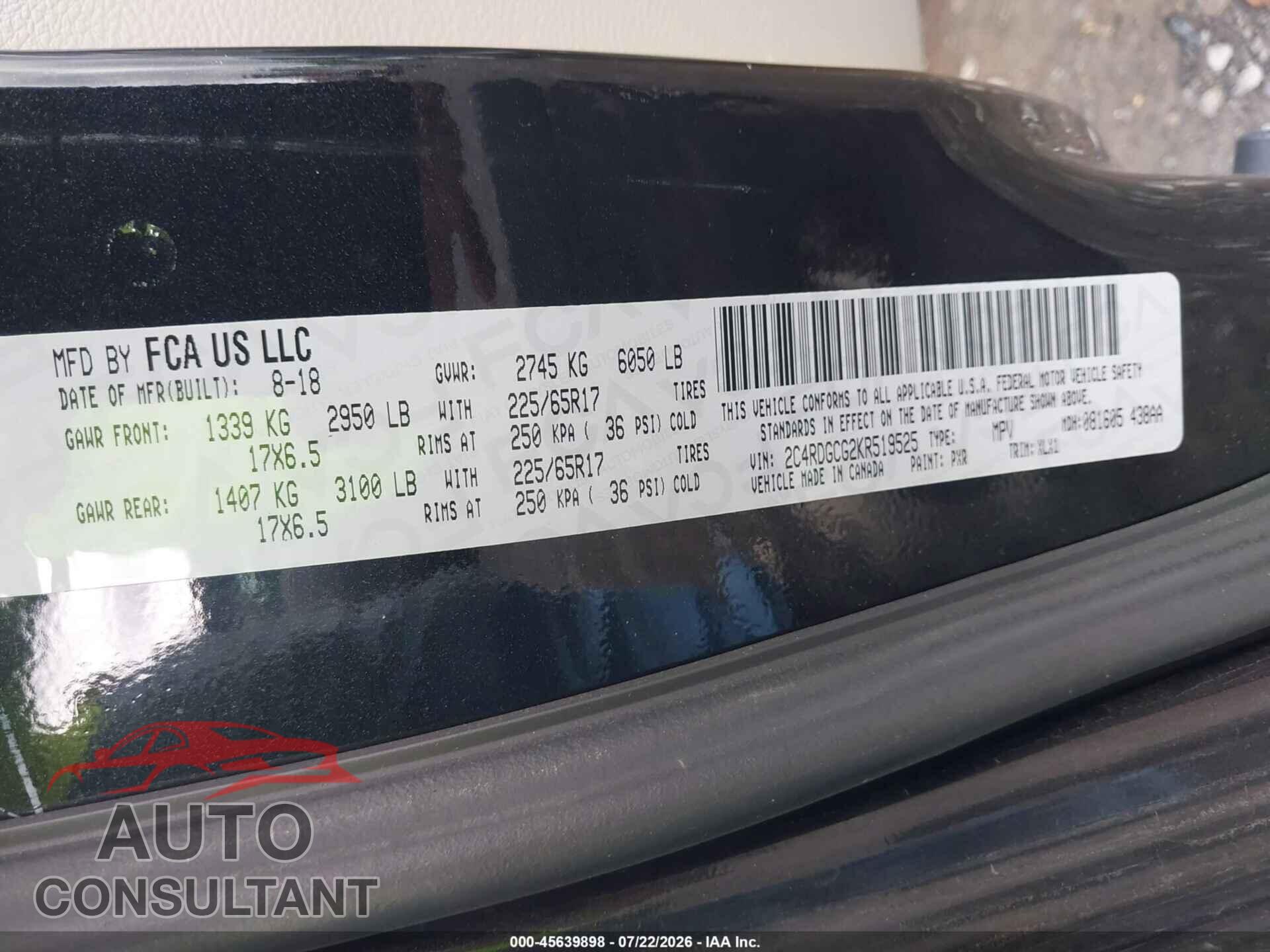 DODGE GRAND CARAVAN 2019 - 2C4RDGCG2KR519525