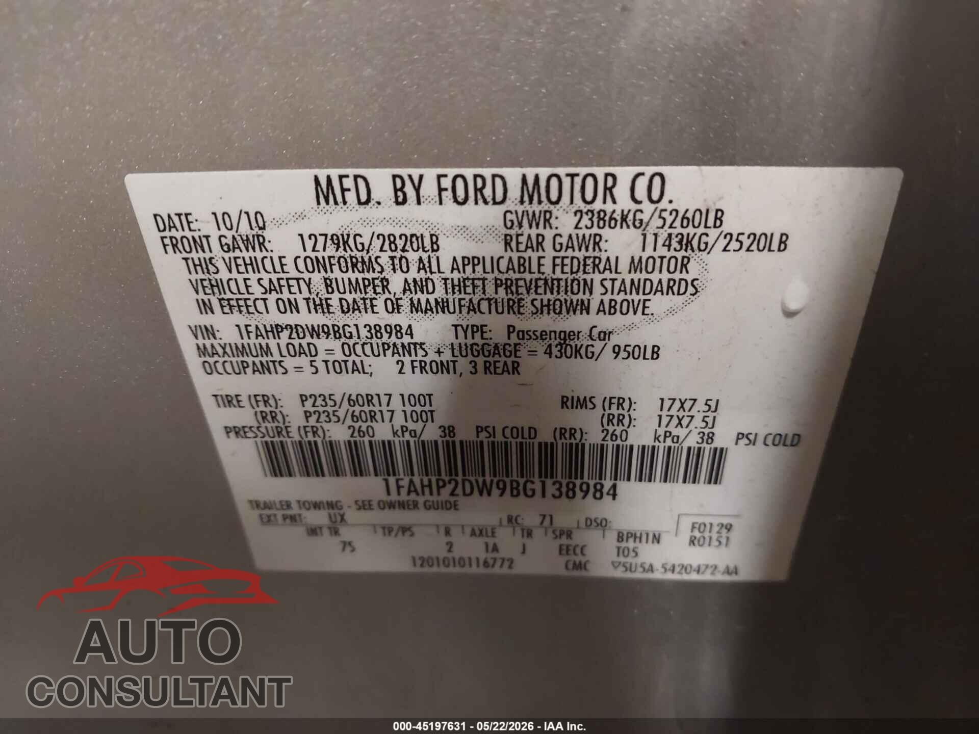FORD TAURUS 2011 - 1FAHP2DW9BG138984