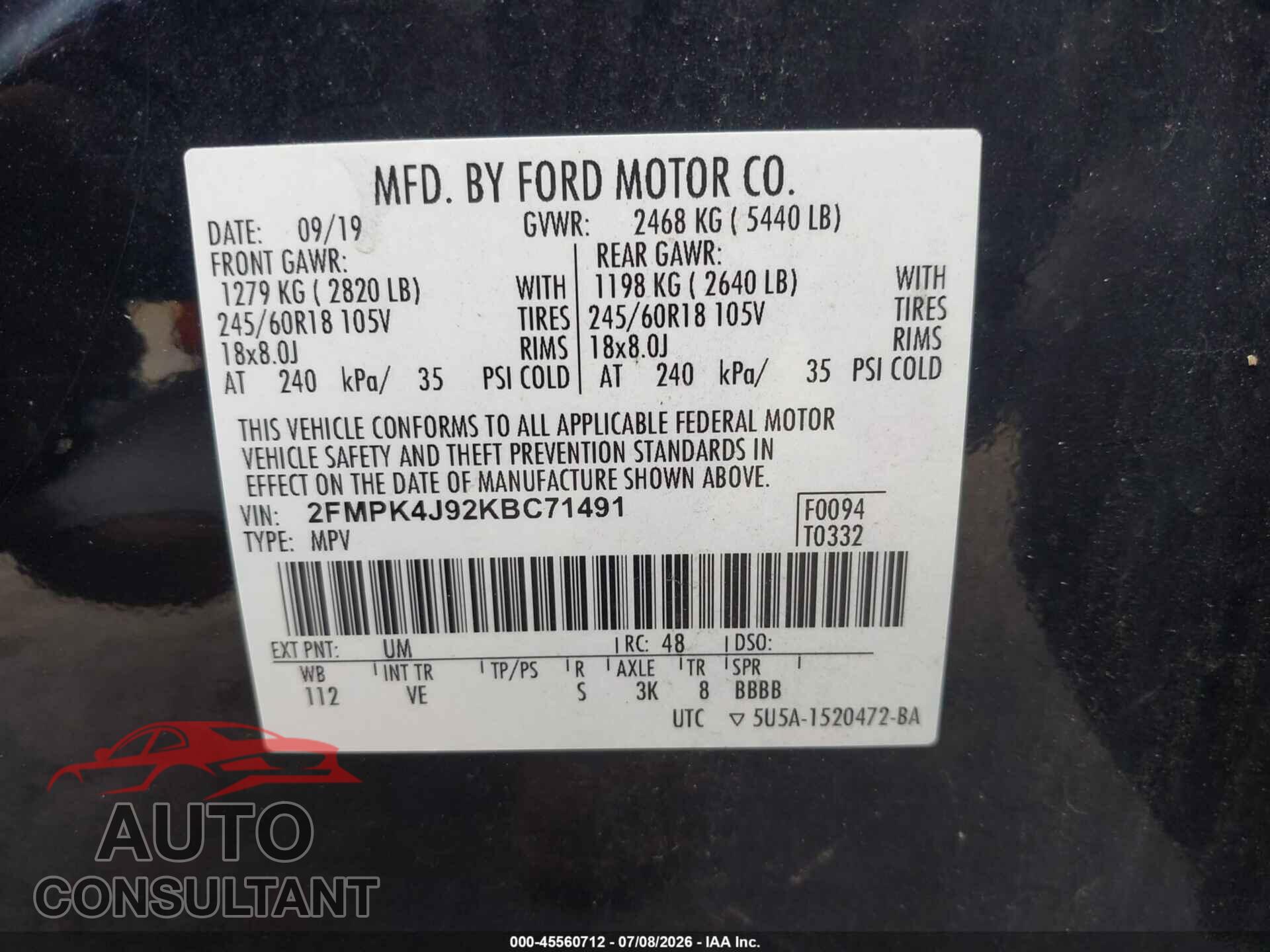 FORD EDGE 2019 - 2FMPK4J92KBC71491