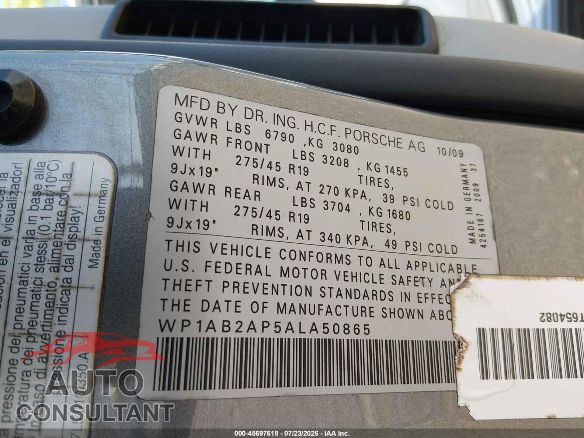 PORSCHE CAYENNE 2010 - WP1AB2AP5ALA50865