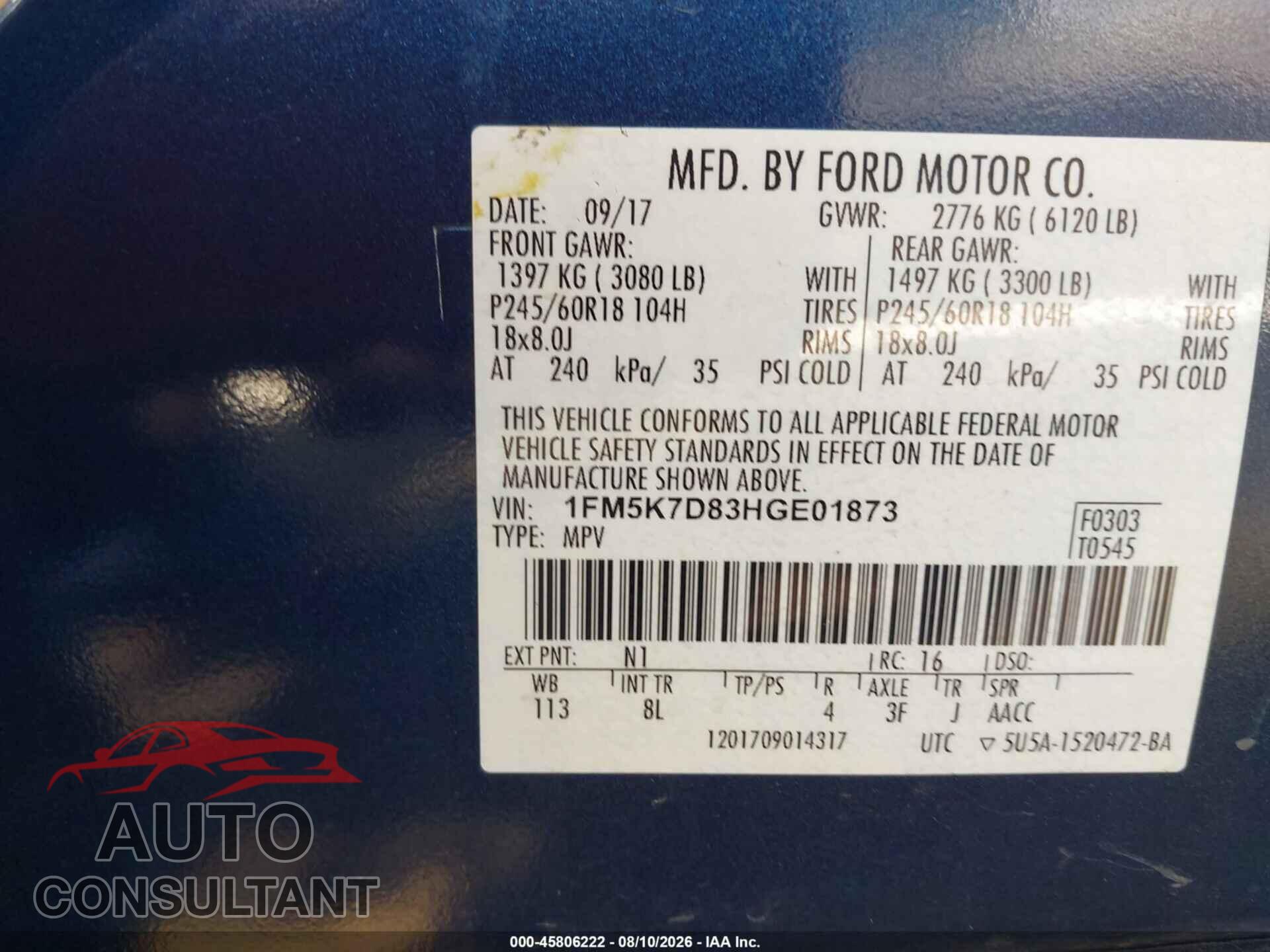 FORD EXPLORER 2017 - 1FM5K7D83HGE01873