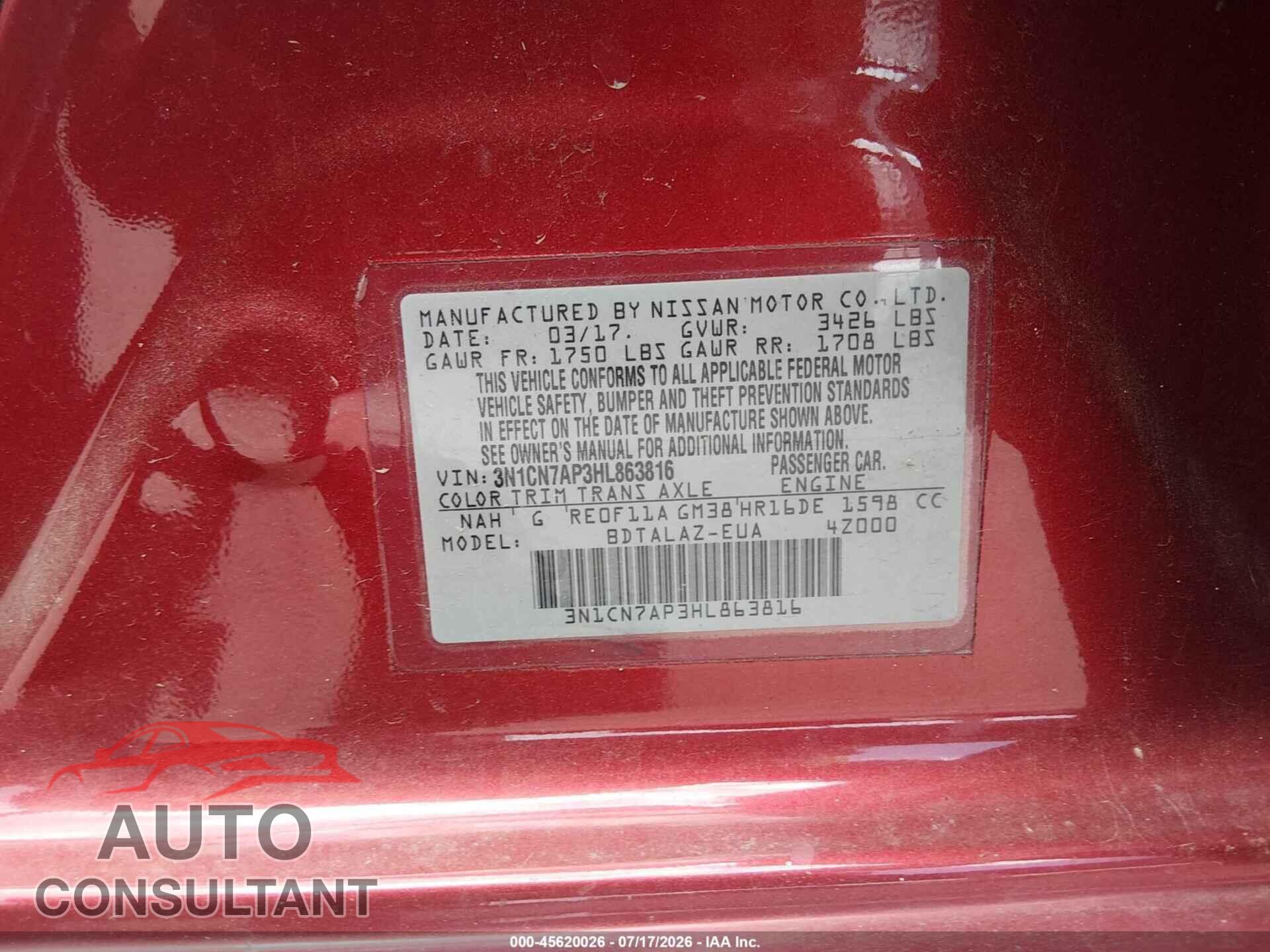 NISSAN VERSA 2017 - 3N1CN7AP3HL863816