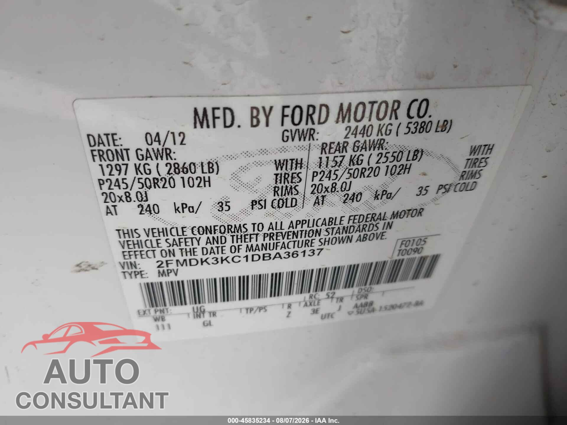 FORD EDGE 2013 - 2FMDK3KC1DBA36137