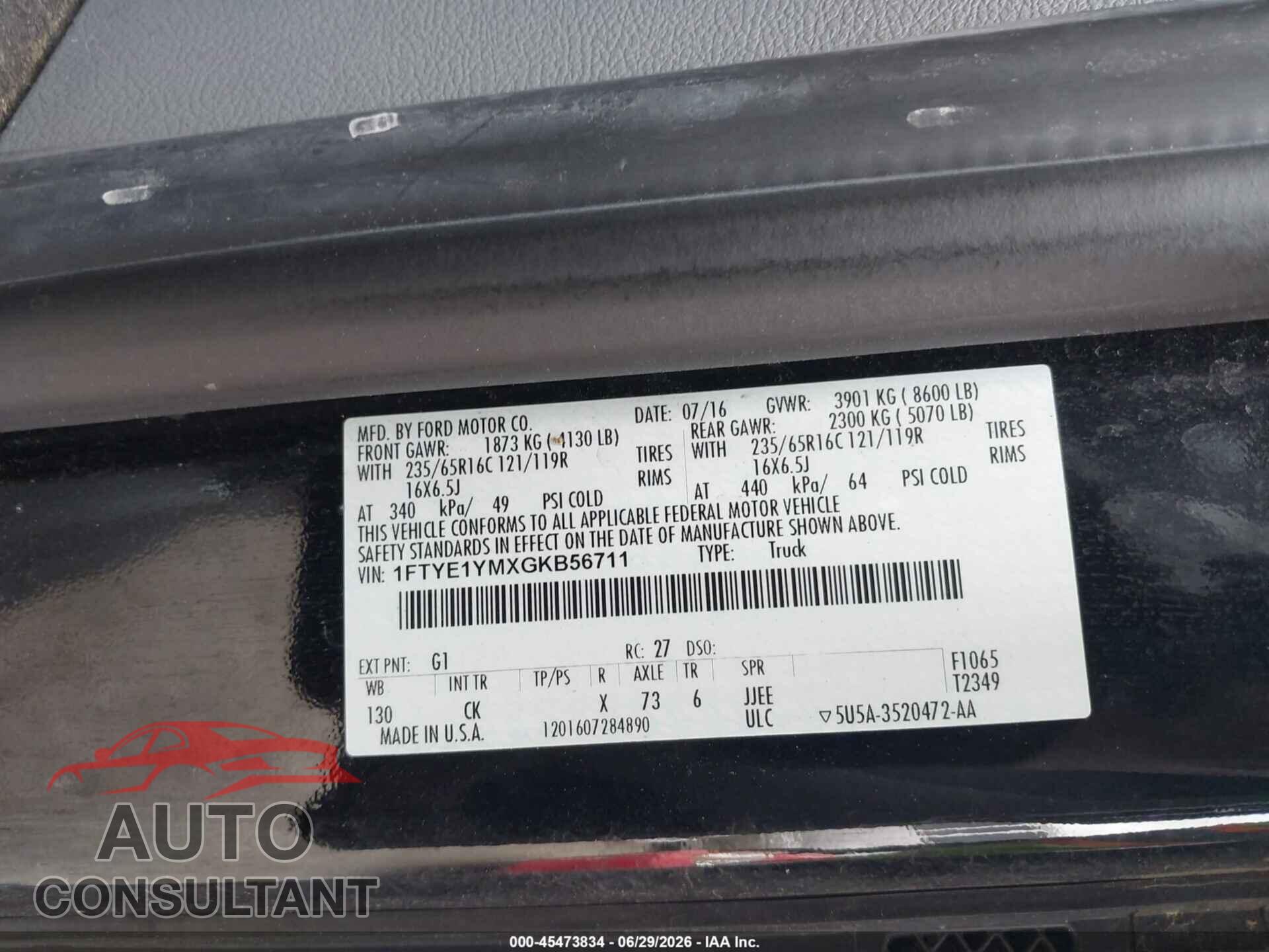 FORD TRANSIT-150 2016 - 1FTYE1YMXGKB56711