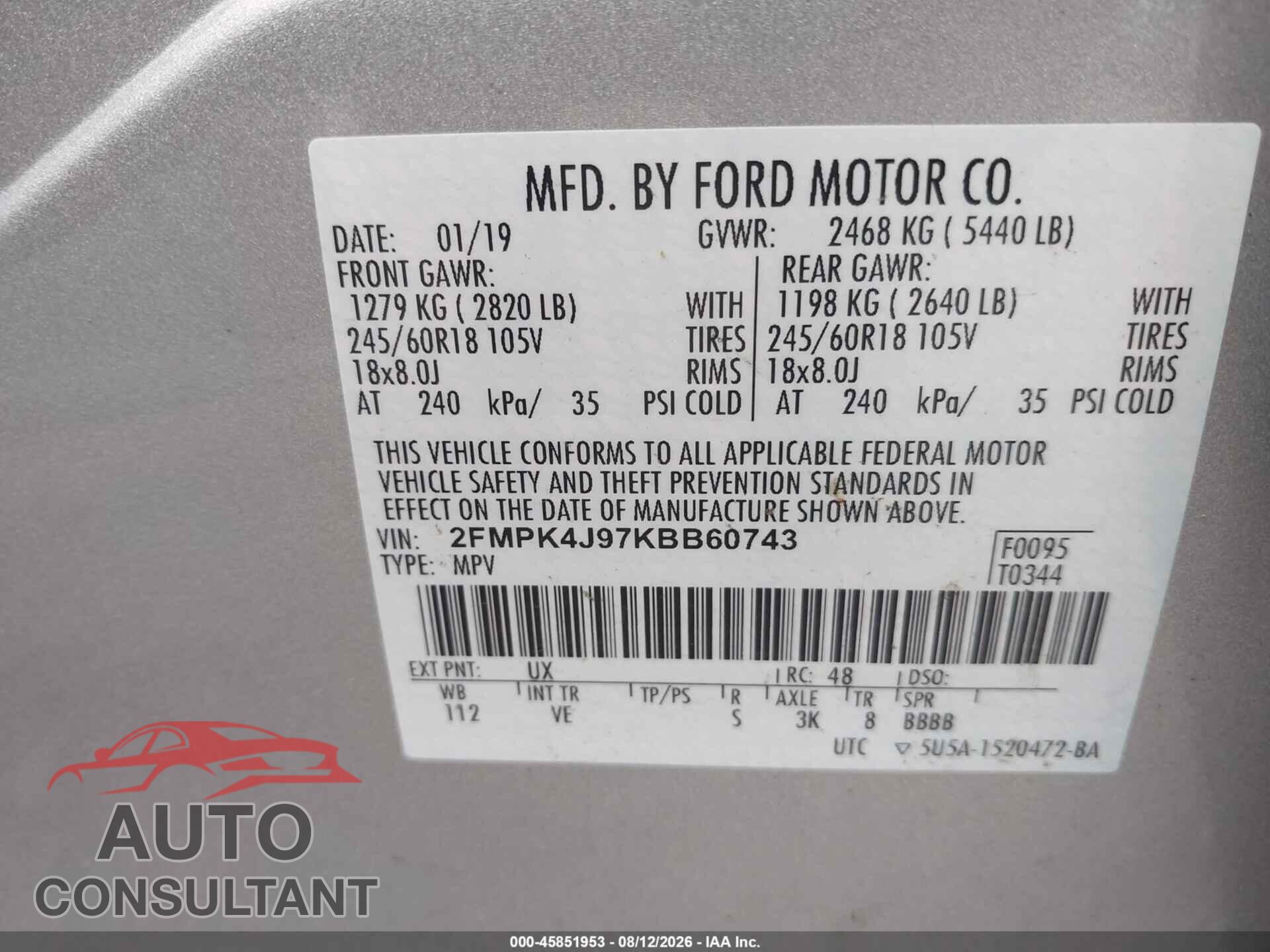FORD EDGE 2019 - 2FMPK4J97KBB60743