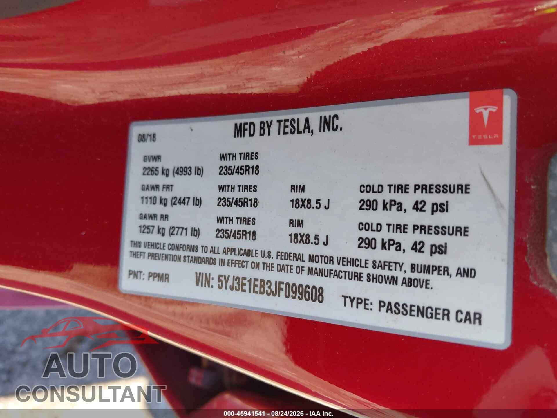 TESLA MODEL 3 2018 - 5YJ3E1EB3JF099608