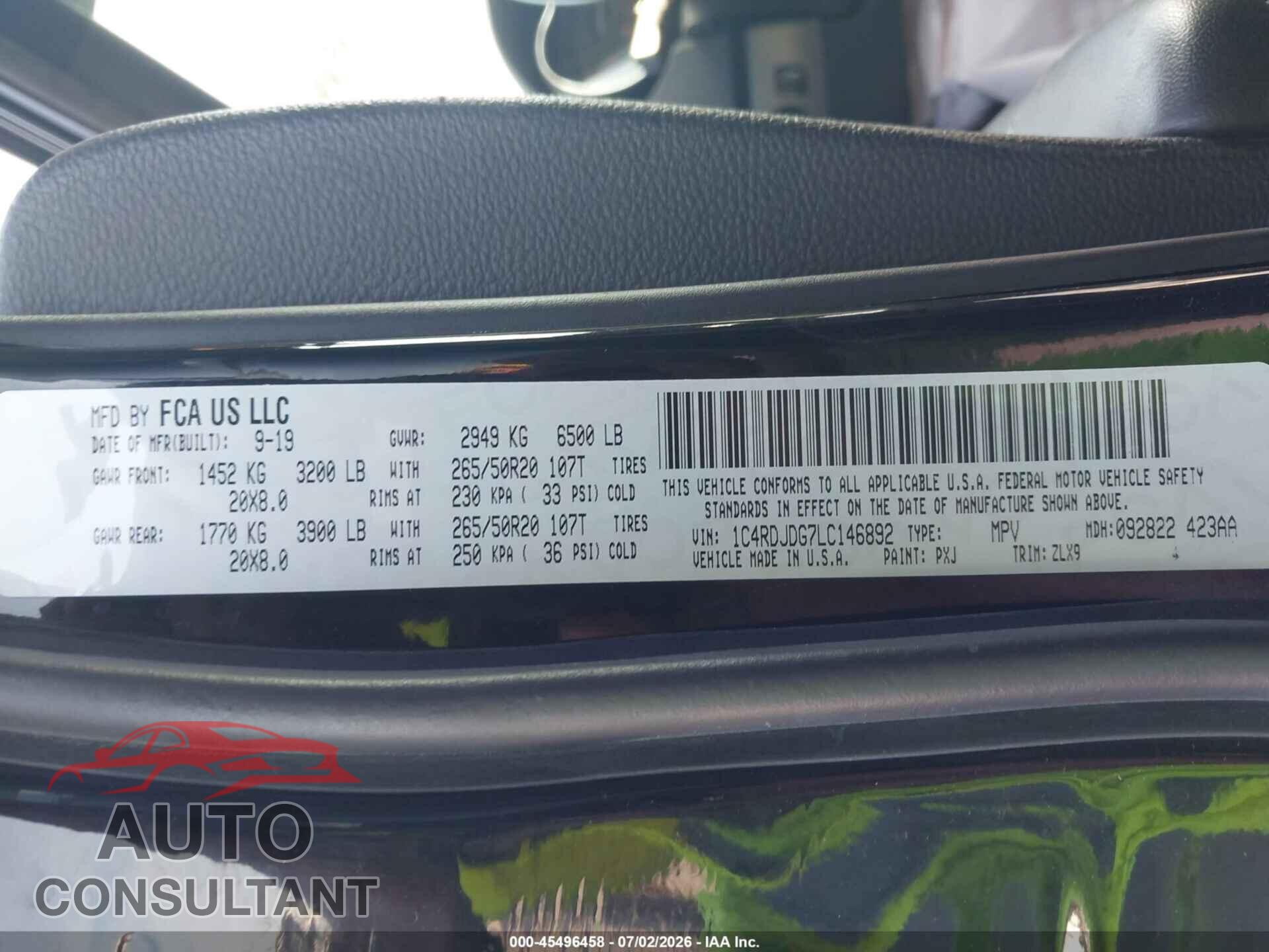 DODGE DURANGO 2020 - 1C4RDJDG7LC146892