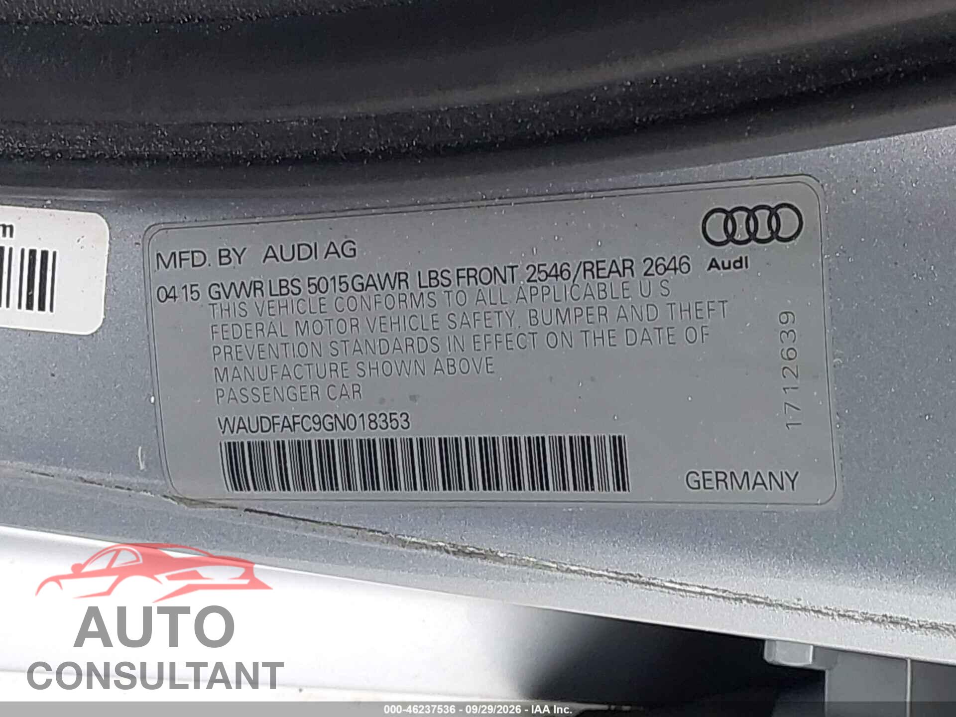 AUDI A6 2016 - WAUDFAFC9GN018353