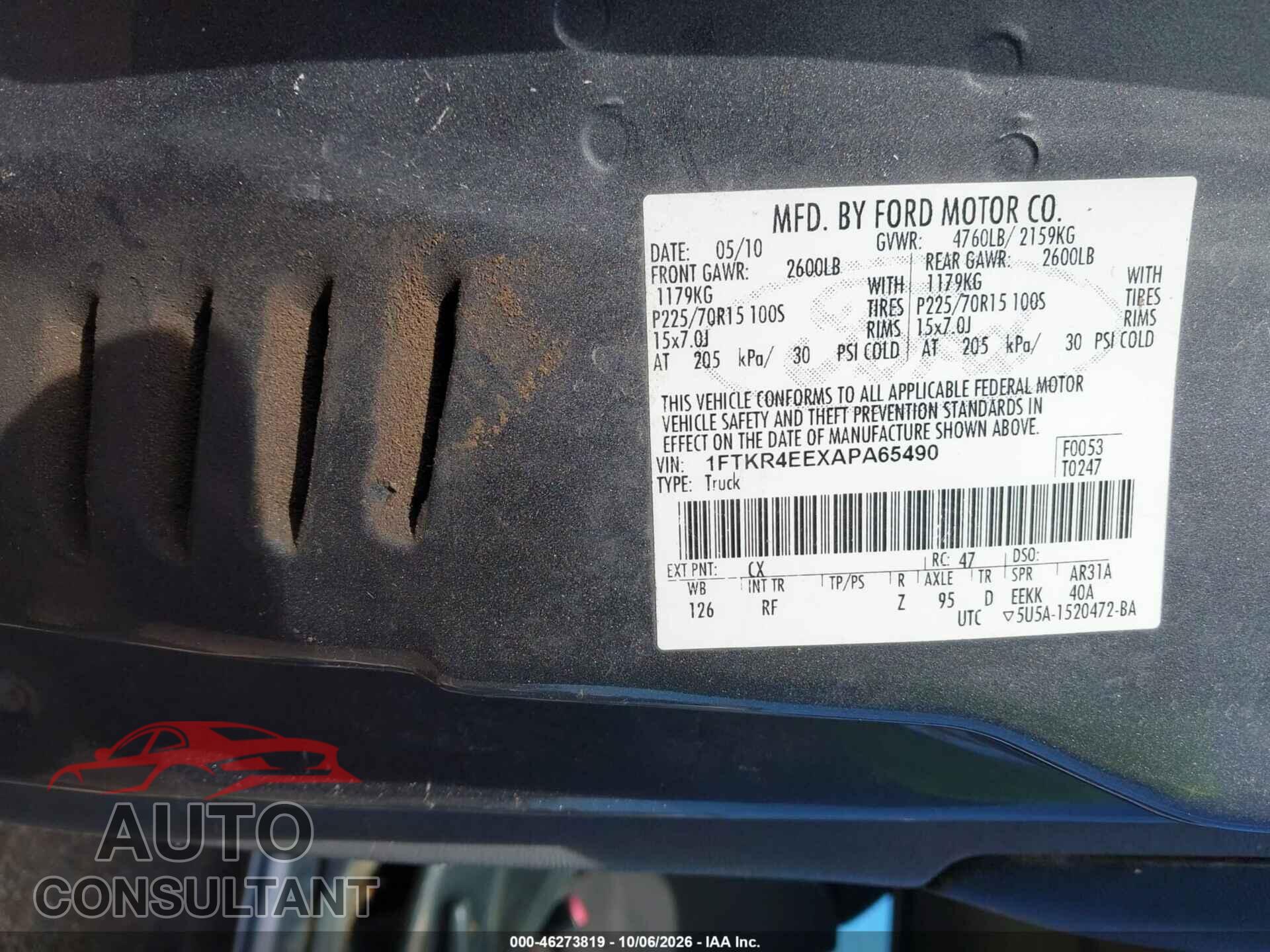 FORD RANGER 2010 - 1FTKR4EEXAPA65490