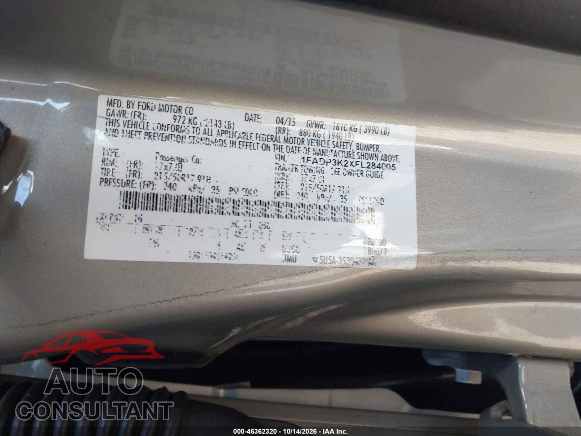 FORD FOCUS 2015 - 1FADP3K2XFL284005