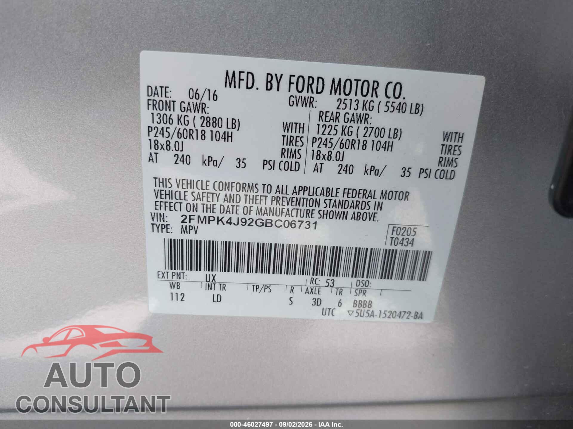 FORD EDGE 2016 - 2FMPK4J92GBC06731