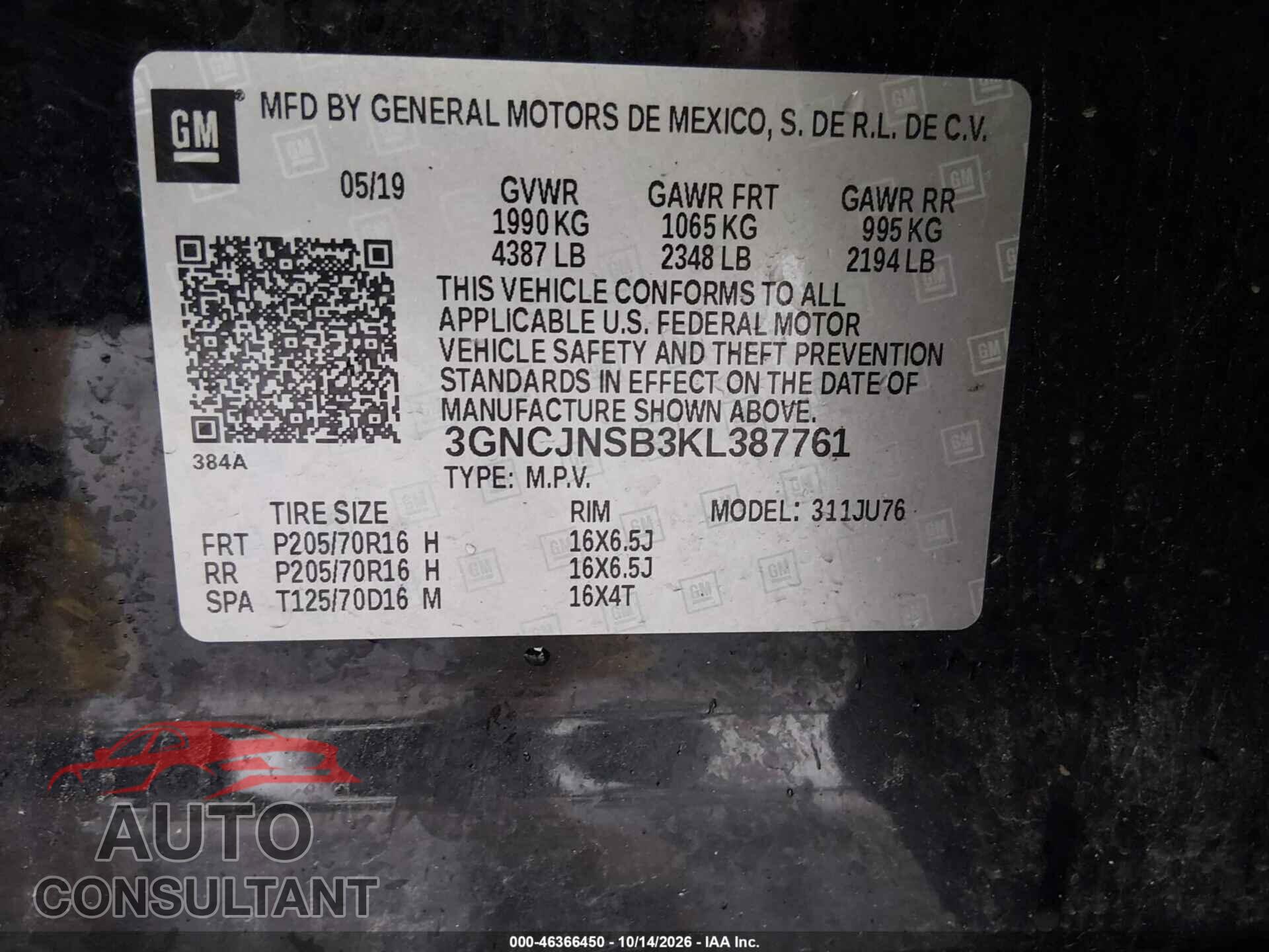 CHEVROLET TRAX 2019 - 3GNCJNSB3KL387761