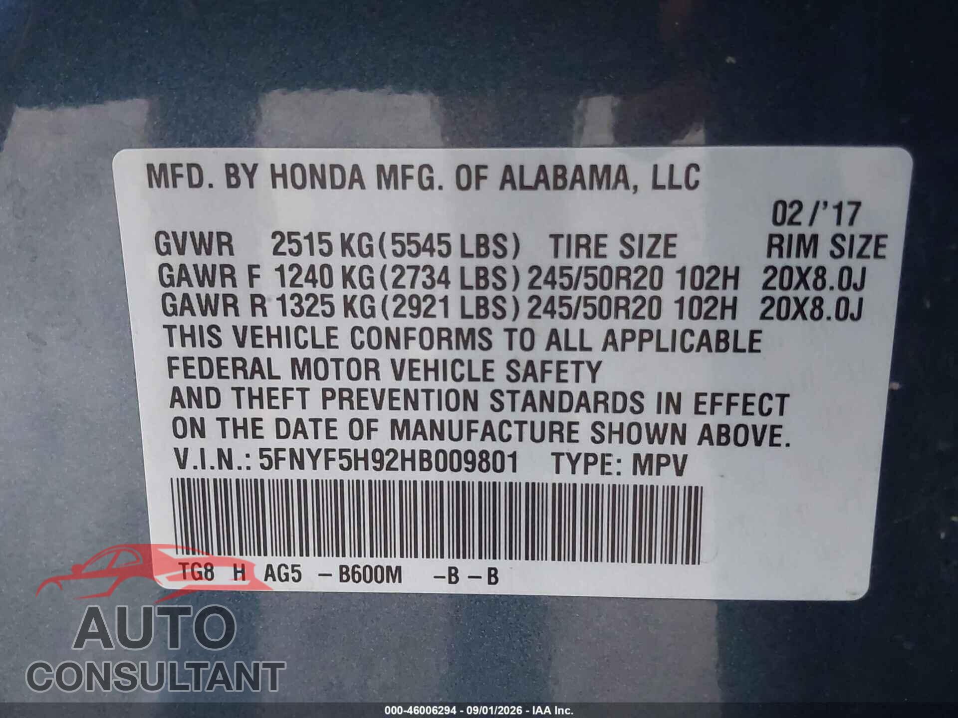 HONDA PILOT 2017 - 5FNYF5H92HB009801